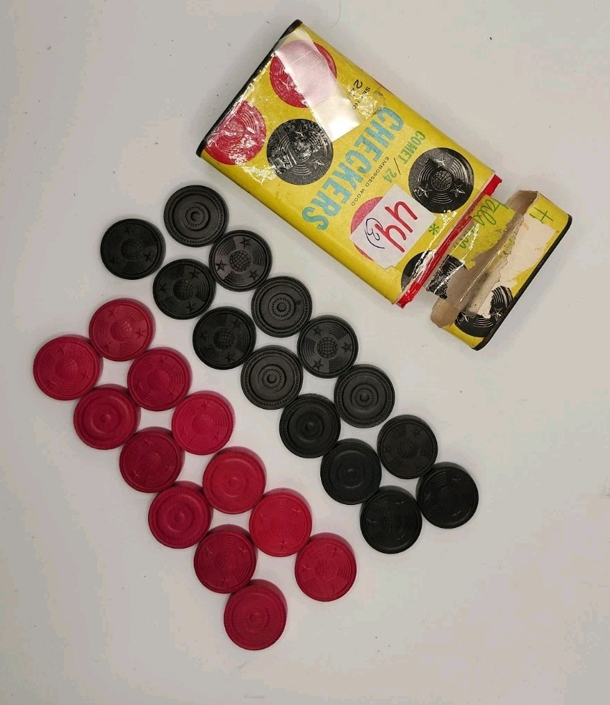 Halsam Comet Checkers 26 Embossed Wood Pieces Tin Vintage
