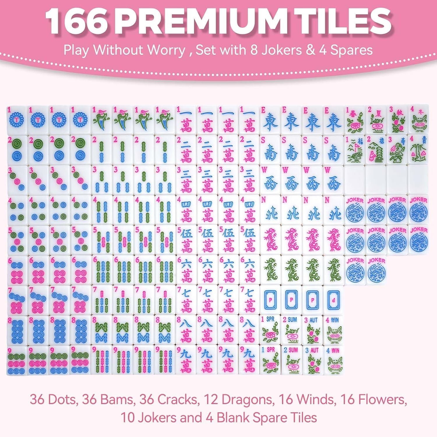 Mahjong Tile Set with 166 Premium Mahjong Tiles, Complete Set with Carrying Bag