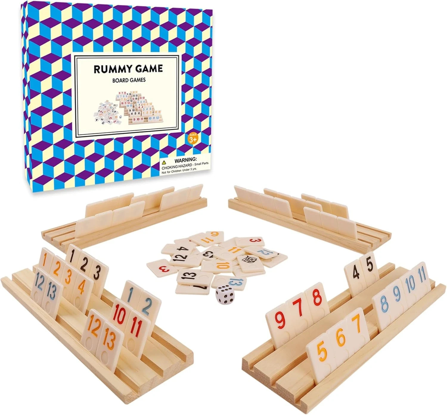 Upgraded Rummy Cube Game with 106 Large Number Rummy Tiles Set, 4 Wooden Racks &
