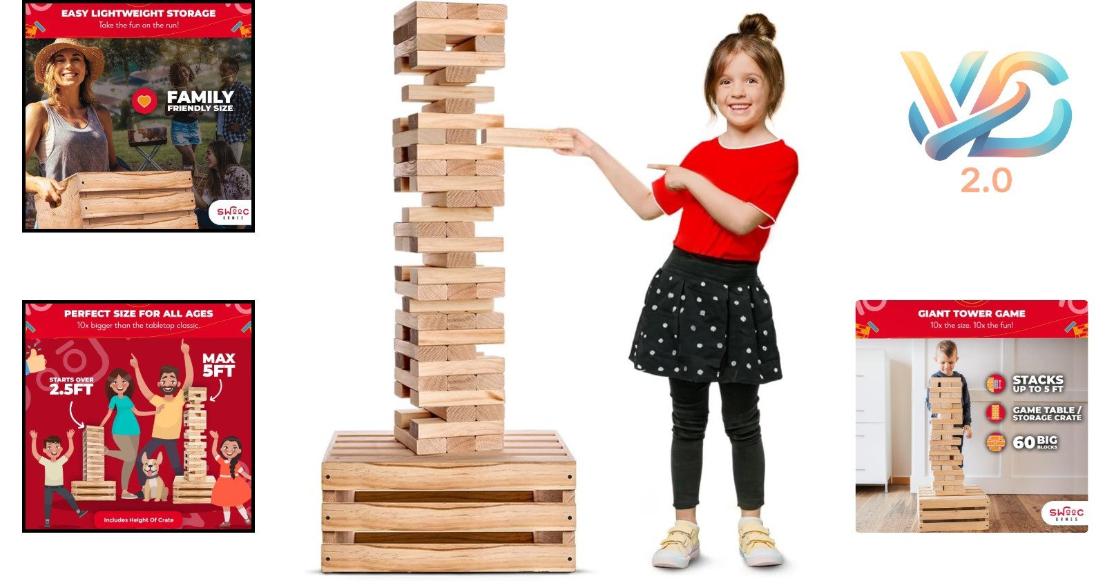 Giant Tower Game 60 Blocks Outdoor Yard Family Lawn Wooden Kids Adults