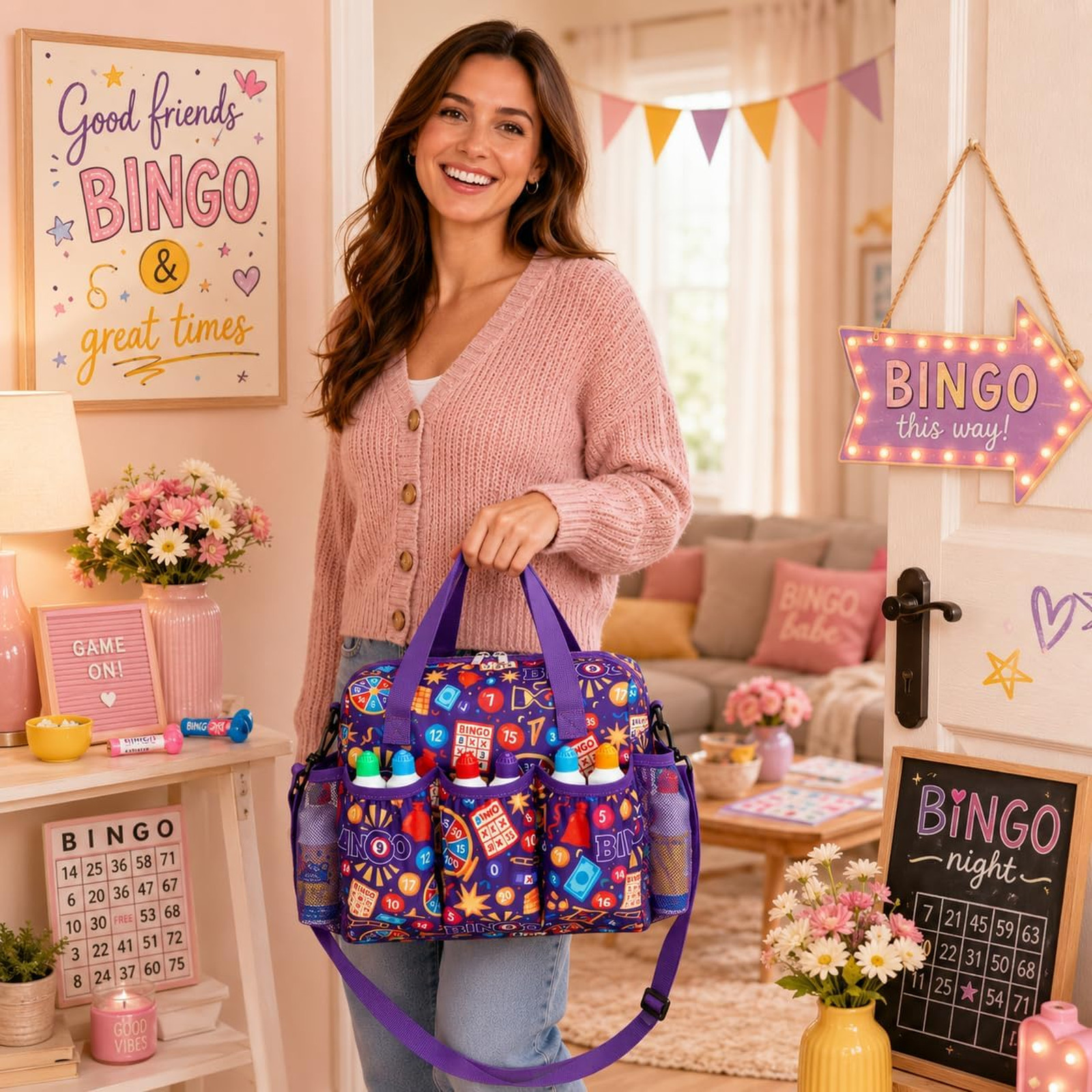 Bingo Bag with Pockets for Daubers Dabbers Dobbers Dotters Violet Portable Bingo