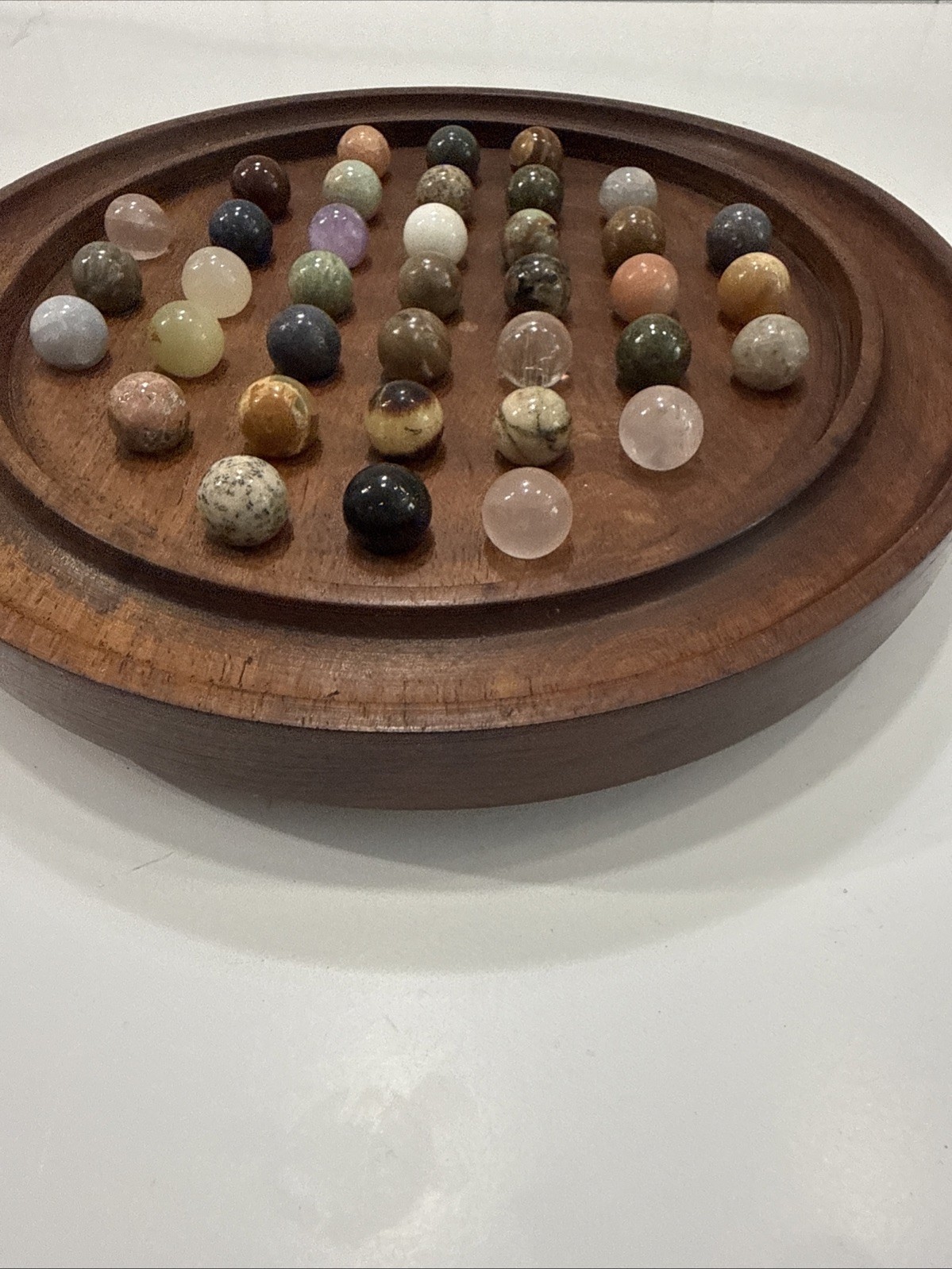 Vintage Wooden Solitaire Game with 37 Semi-Precious Stone Marbles