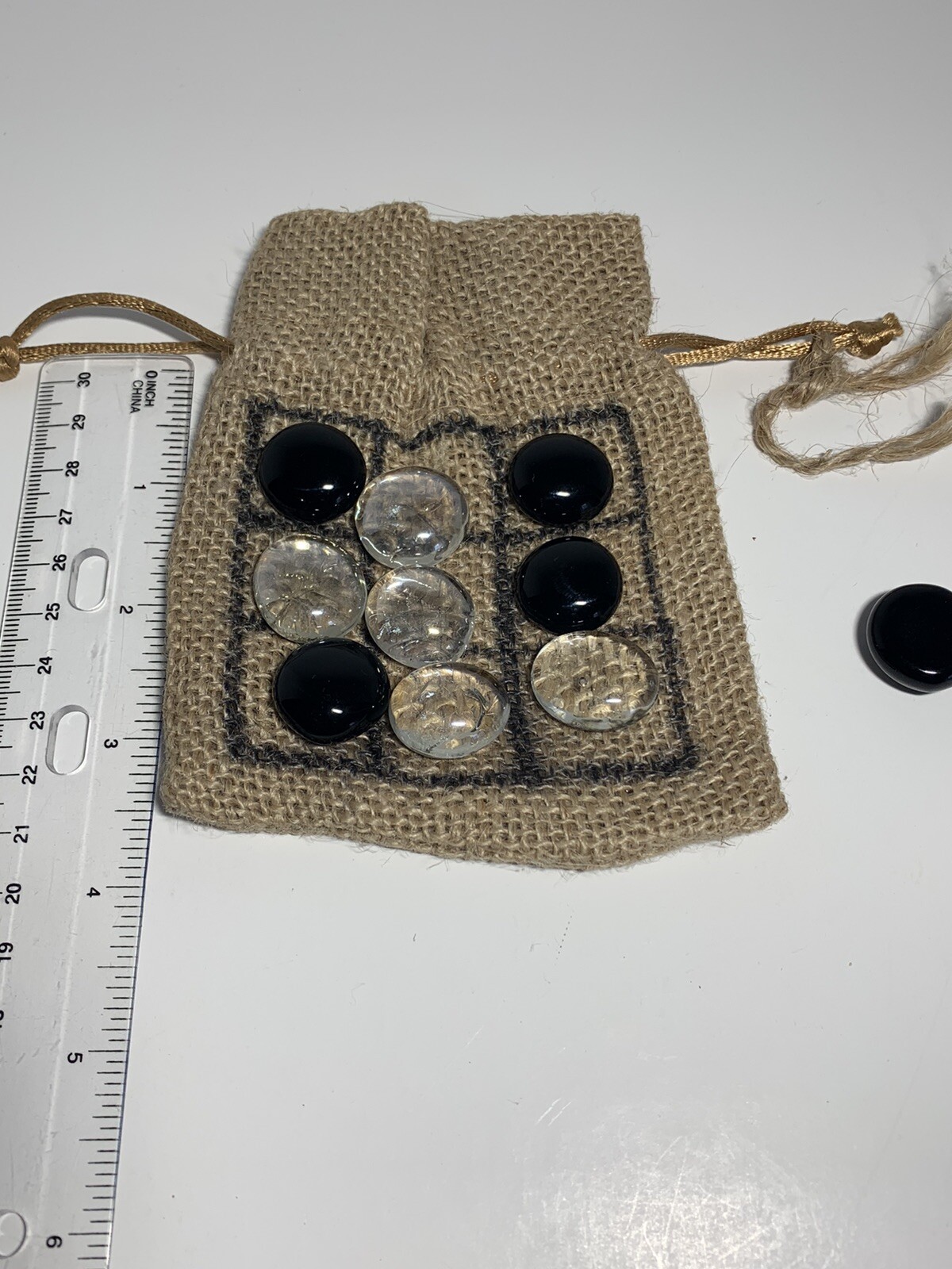Handmade Tic-Tac-Toe Game Travel Size Burlap Sack with Flat Marble Markers