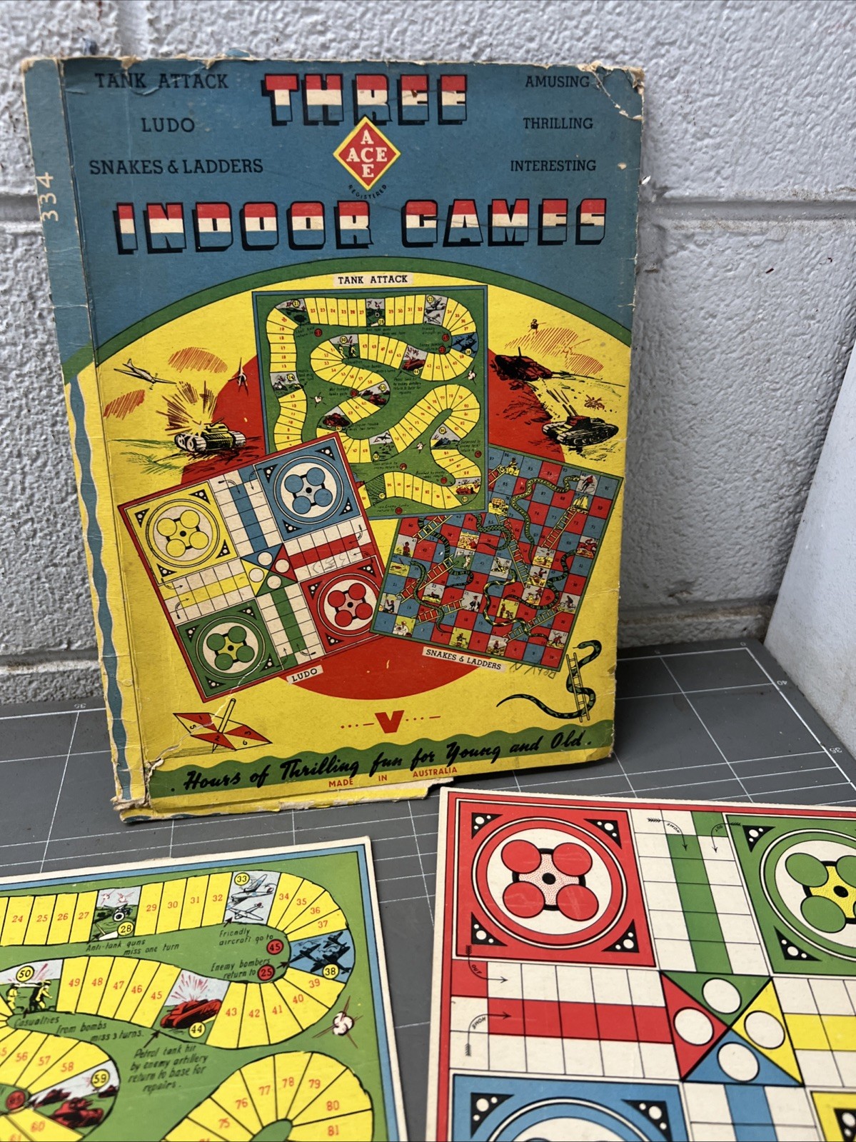 VINTAGE BOARD GAME THREE INDOOR GAMES ACE AUSTRALIA 1940s TANK ATTACK SNAKES ART