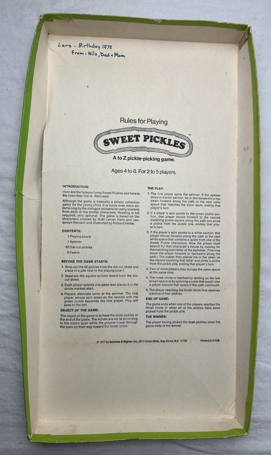 Original 1977 S&R Games A To Z Sweet Pickles Board Game Missing 2 Pickles Good !