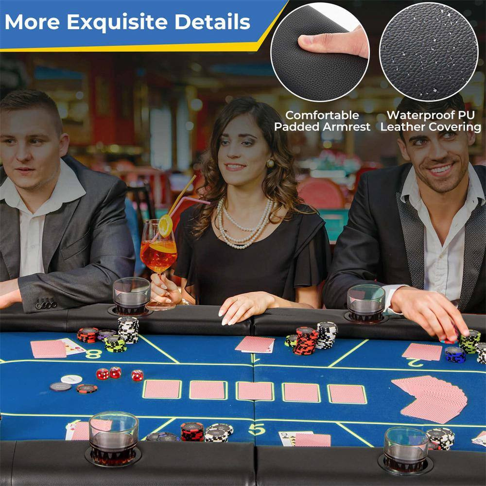 8 Players Card Board Game Table with 8 Cup Holders Casino-Grade Felt Surface Blu