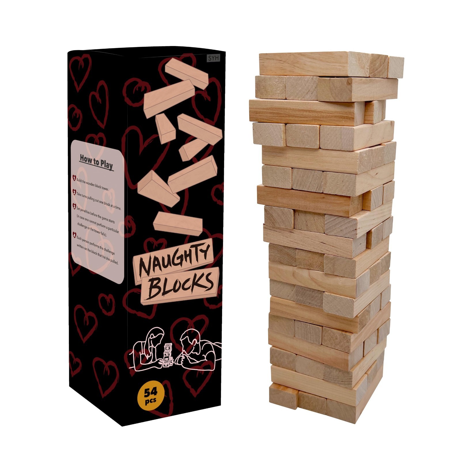 Flirty Adult Couple’s Game – 54 Intimate Challenges, Wooden Stacking Tower for D
