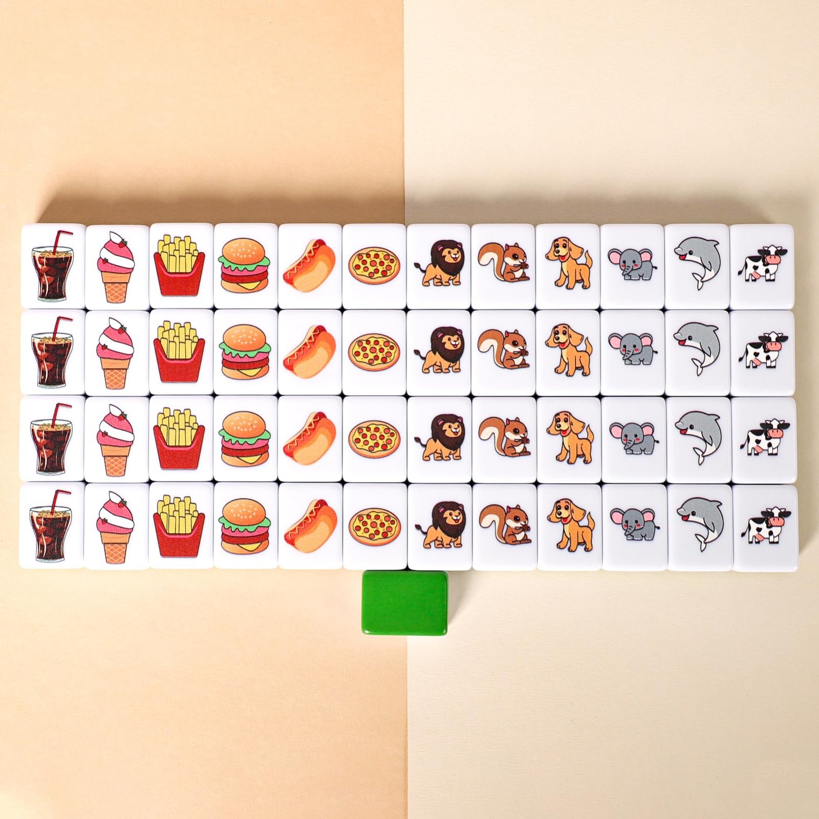 2 Player Mahjong Block Set – 50 Premium Green Tiles, Animal & Food Patterns, Por