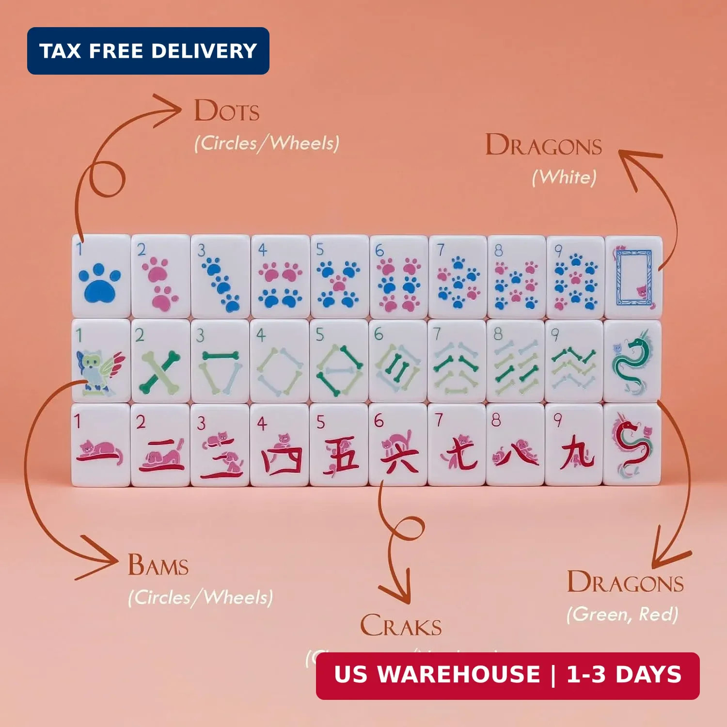 Dogs and Cats Themed Mahjong Tile Set – 160 Acrylic Engraved Tiles & American Ma