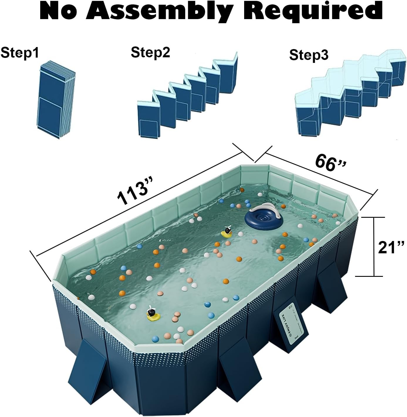 Foldable Pool, Non-Inflatable Swimming Pool for Backyard 113″L x 66″W x 21″H