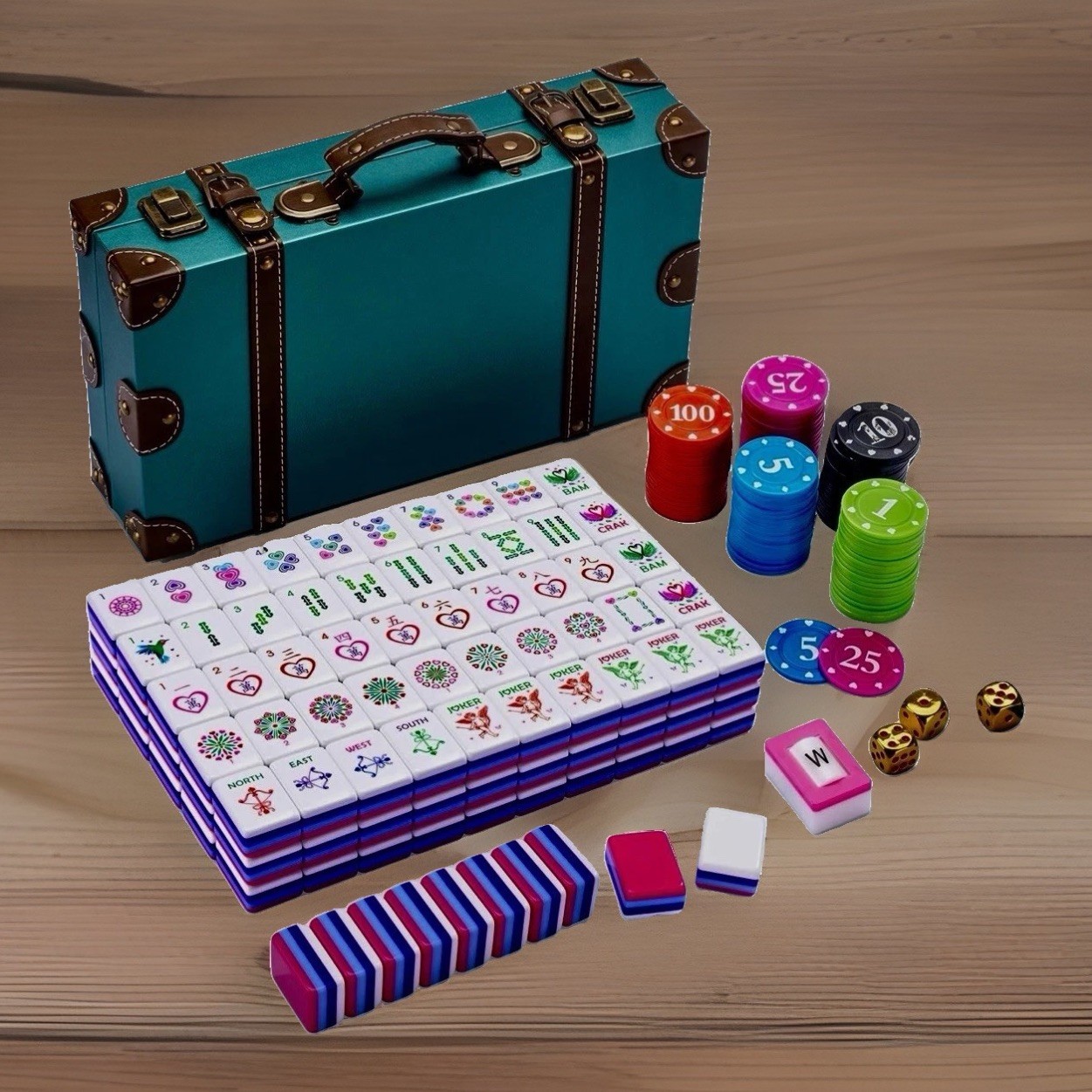 Complete American Mahjong Set Engraved Acrylic Heart Motifs 166 4-Layer Tiles