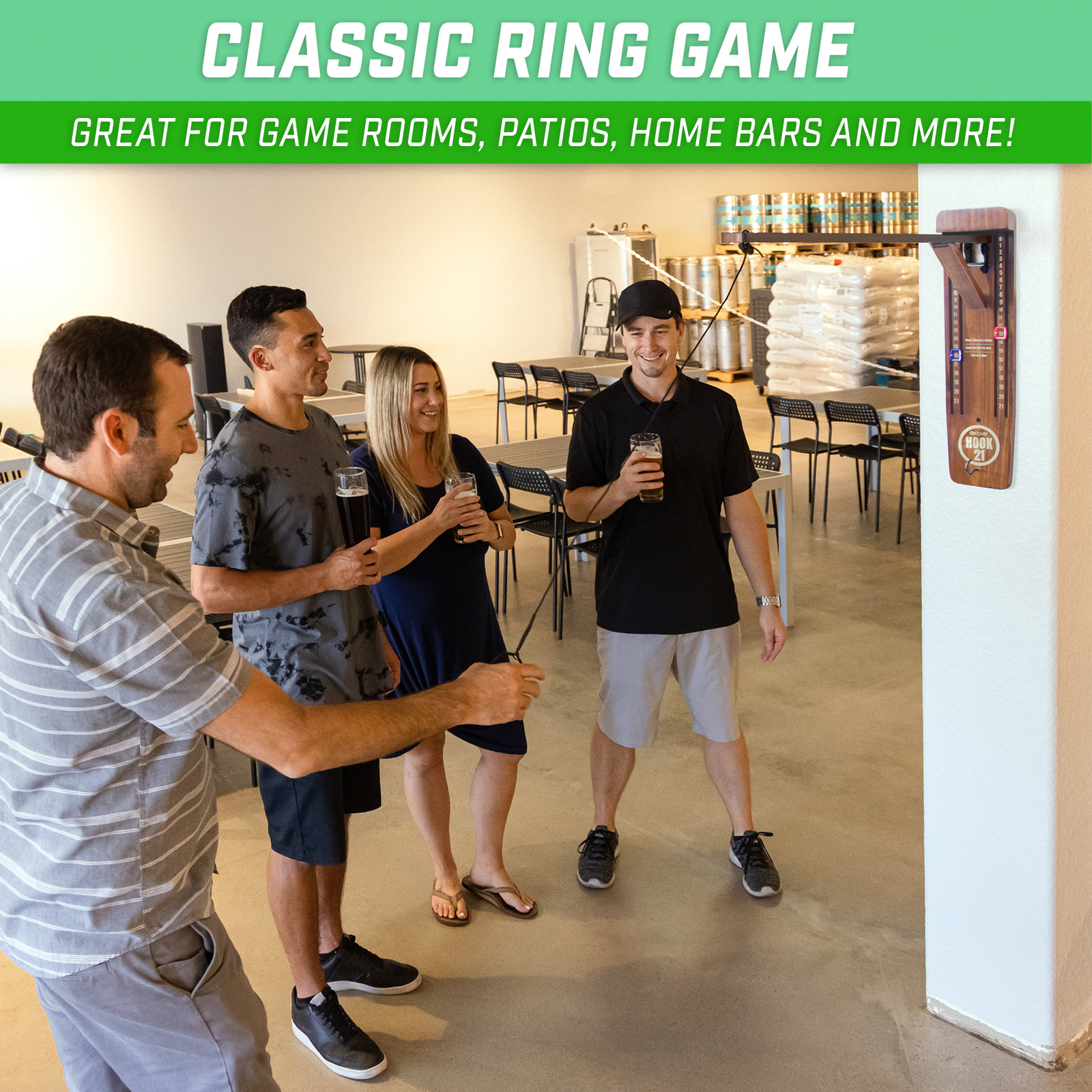 GoSports Hook21 Ring Swing Game -Ring Toss Game with Foldable Arm – Brown