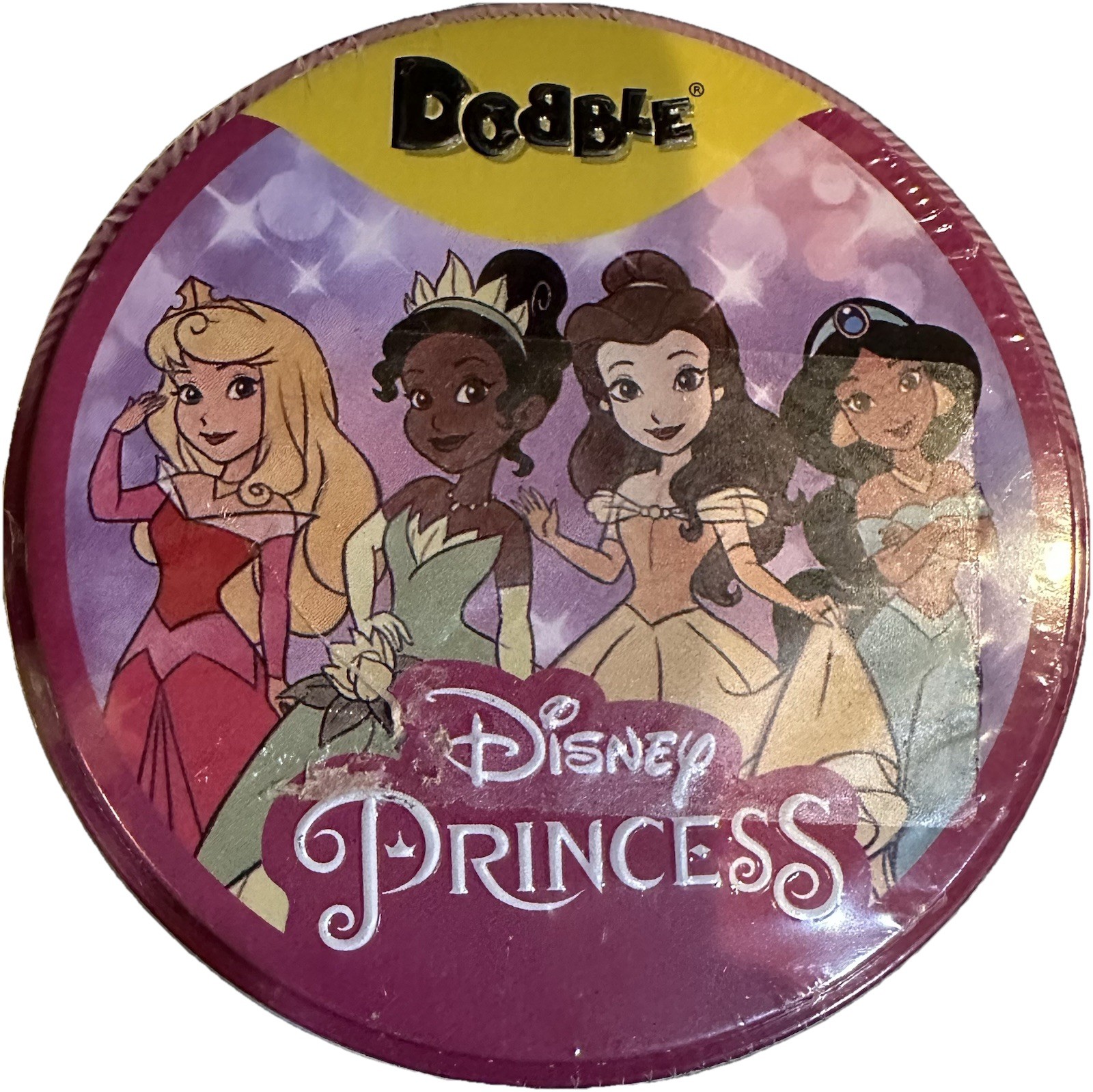 DISNEY PRINCESS DOBBLE SPOT IT ROUND CARD GAME TRAVEL BELLE JASMINE TIANA AURORA