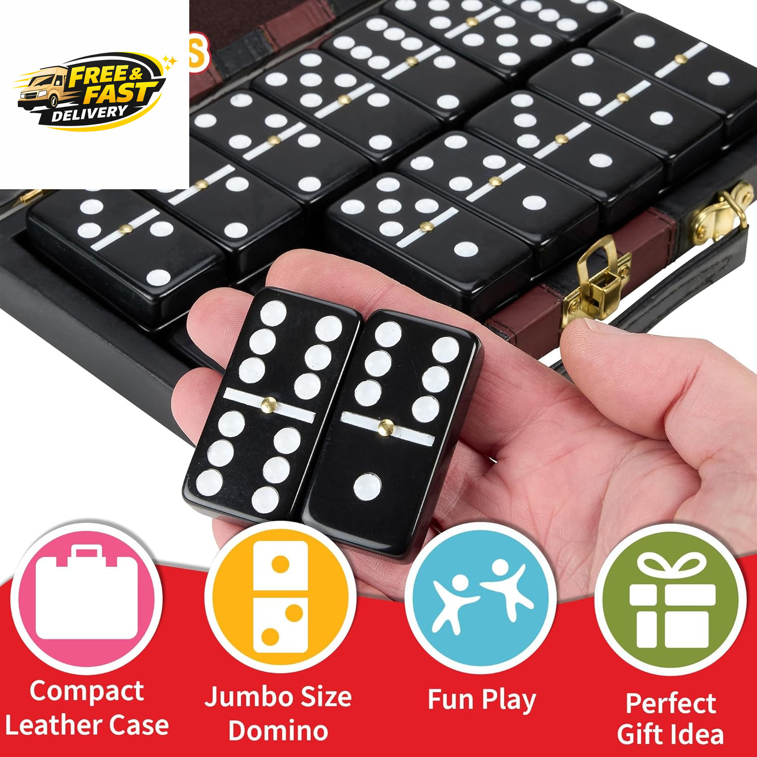 Jumbo Double Six Dominoes Set – 28 Black Classic Tiles in Faux Leather Case