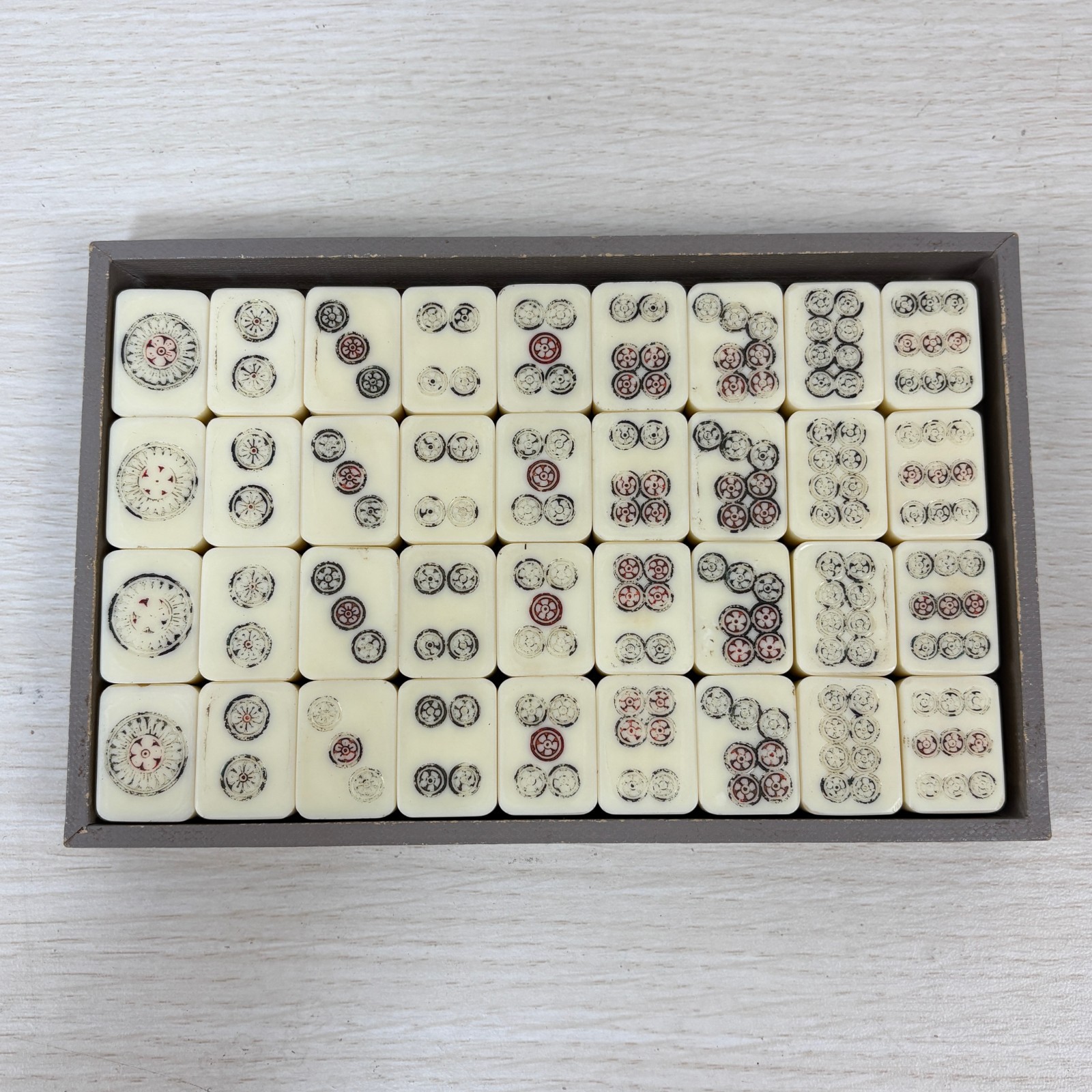 Vintage Japanese Mahjong Tile Set Brown Leather Case 1950s-60s Ivory Tiles AS-IS