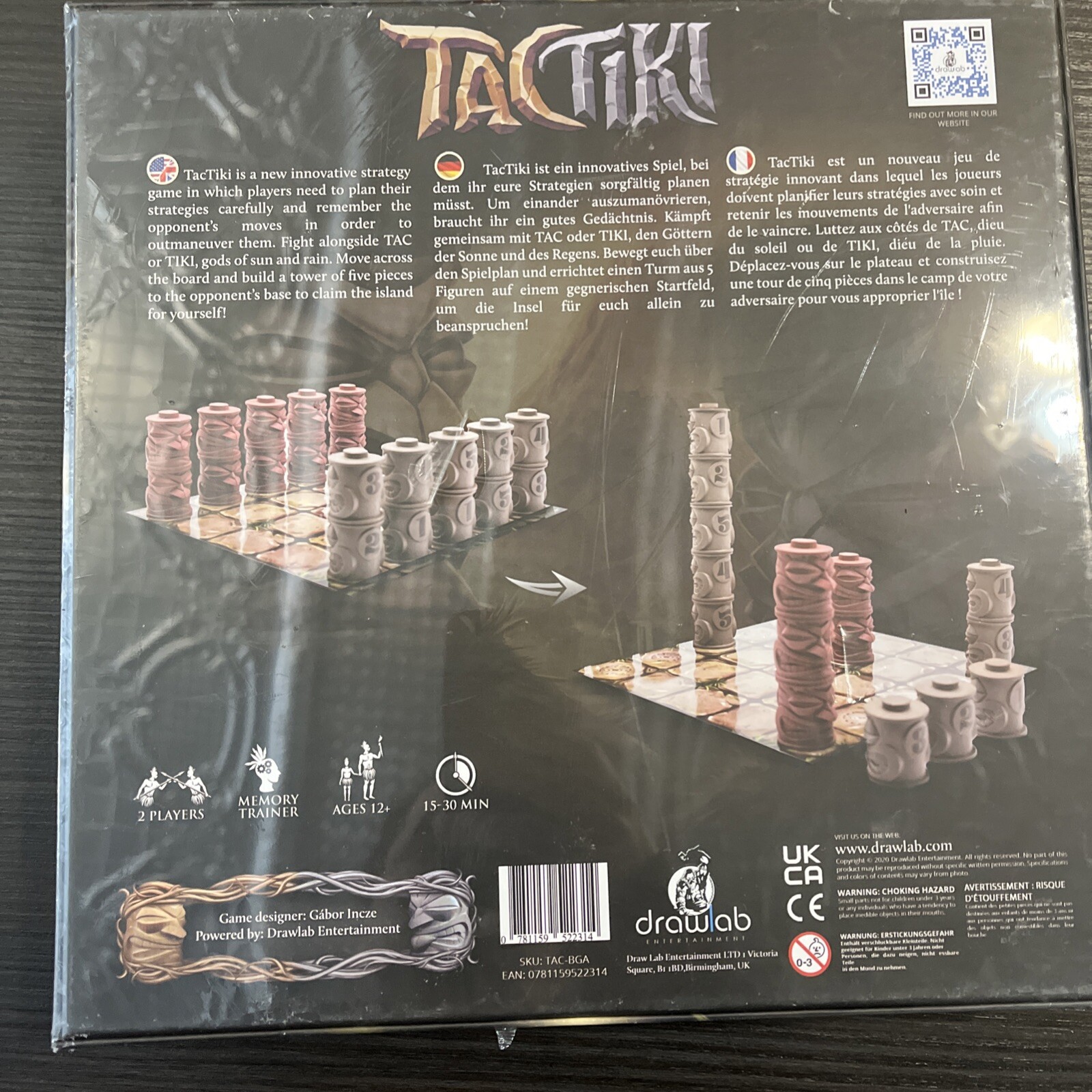 Drawlab Entertainment TacTiki Board Game for 2 Players Ages 12 Years and Up New