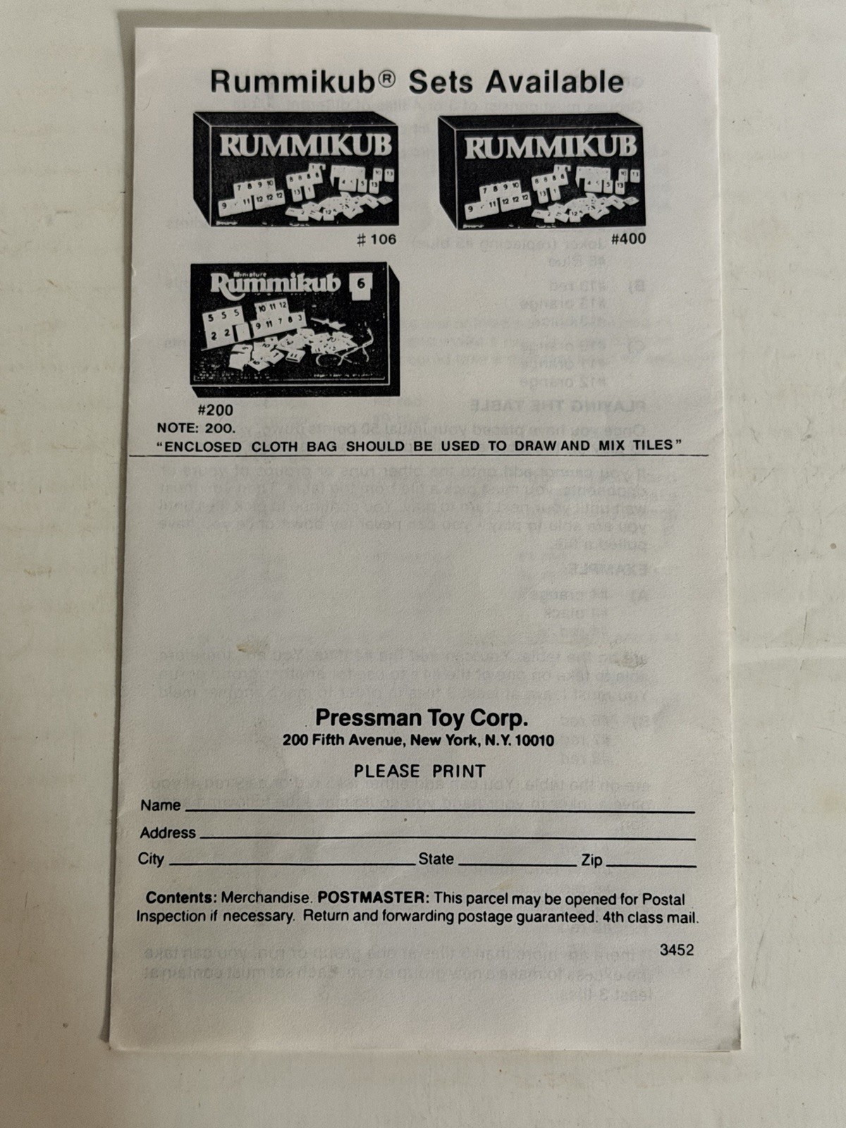 1985 Rummikub “Tournament” Game Replacement Instruction Manual Part Only