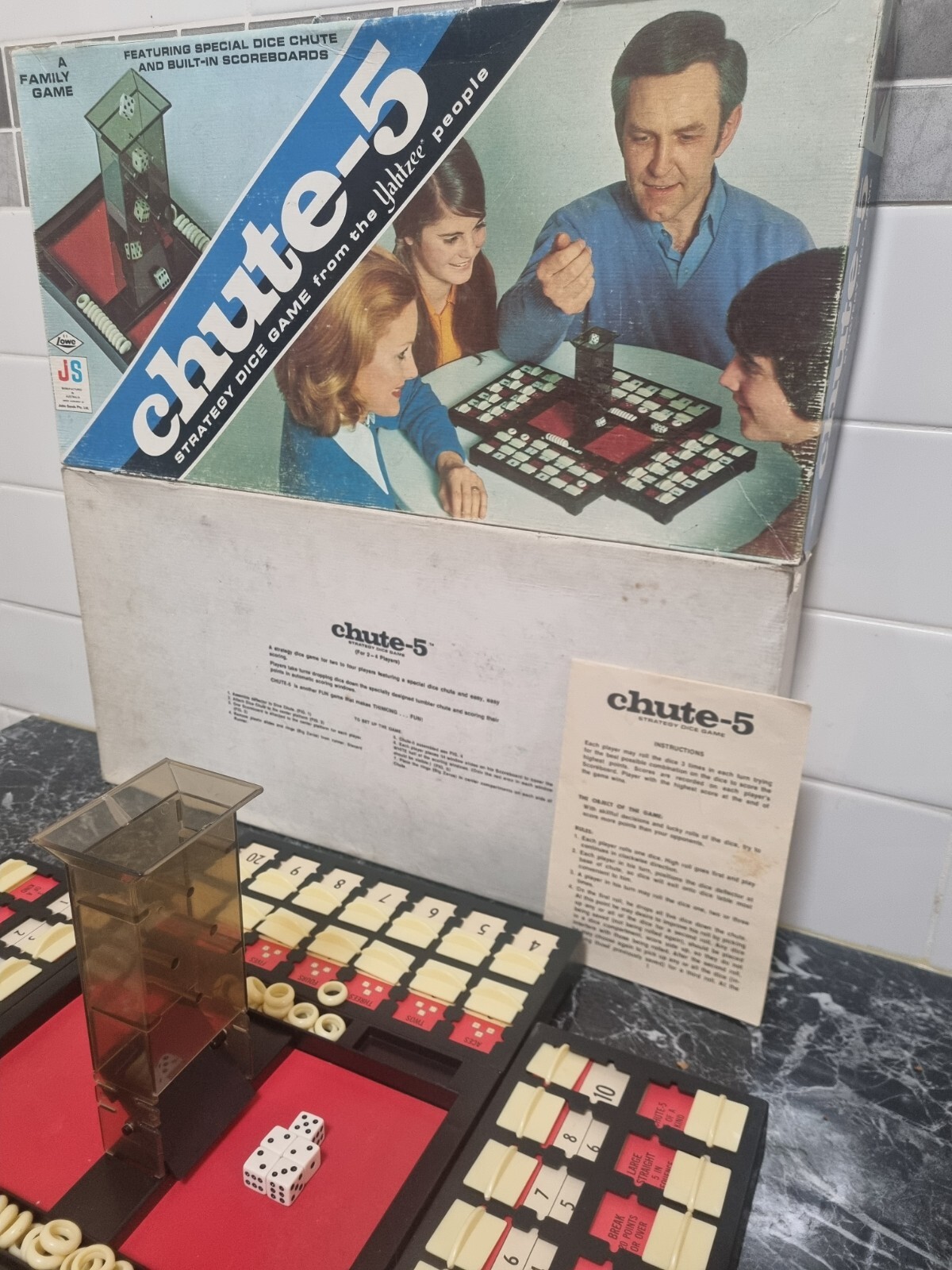 Vintage Milton Bradley Board Game Chute-5 Yahtzee Dice Stratergy Game Rare 1973