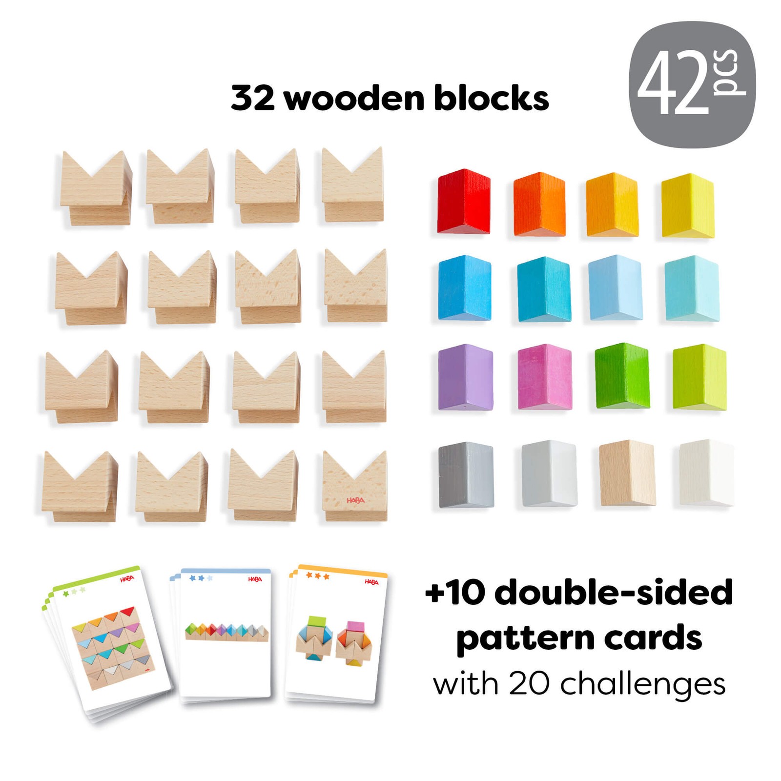 HABA Rainbow Triangle Wooden Blocks Game, Stacking Toys with Pattern Cards