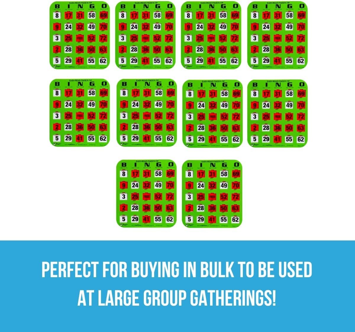Bingo Cards Set of 10 Unique Shutter Slide Easy Read Green Cardstock 8×9 Inch