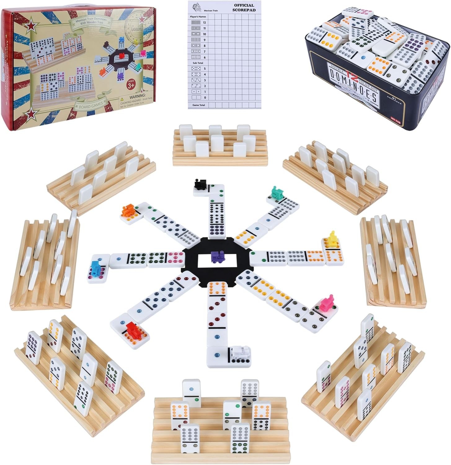 Double 12 Mexican Train Dominoes Set for Adults with 8PCS Wooden Holders, 9 T…