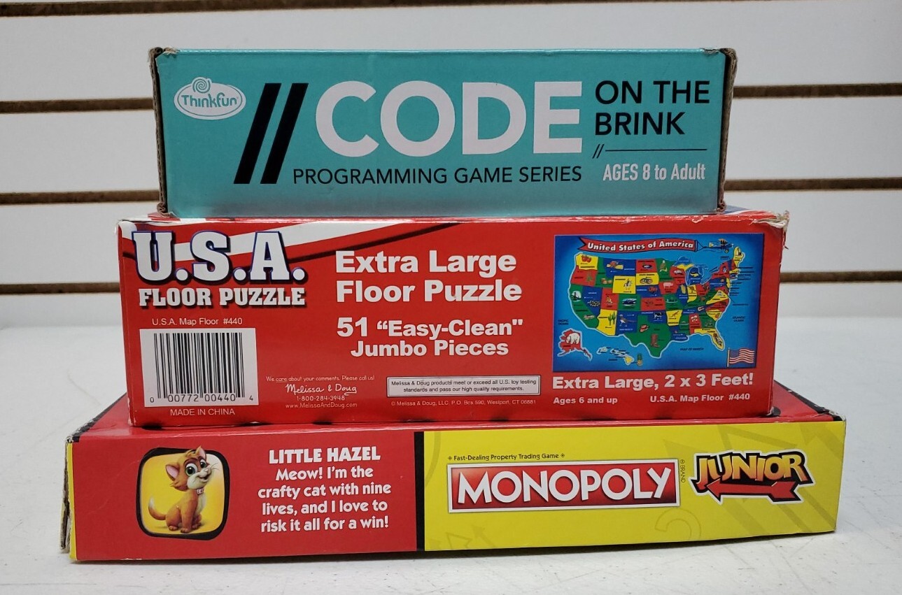 Kids Board Game Lot: Monopoly Jr, CODE on the Brink & USA XL Floor Puzzle *READ*