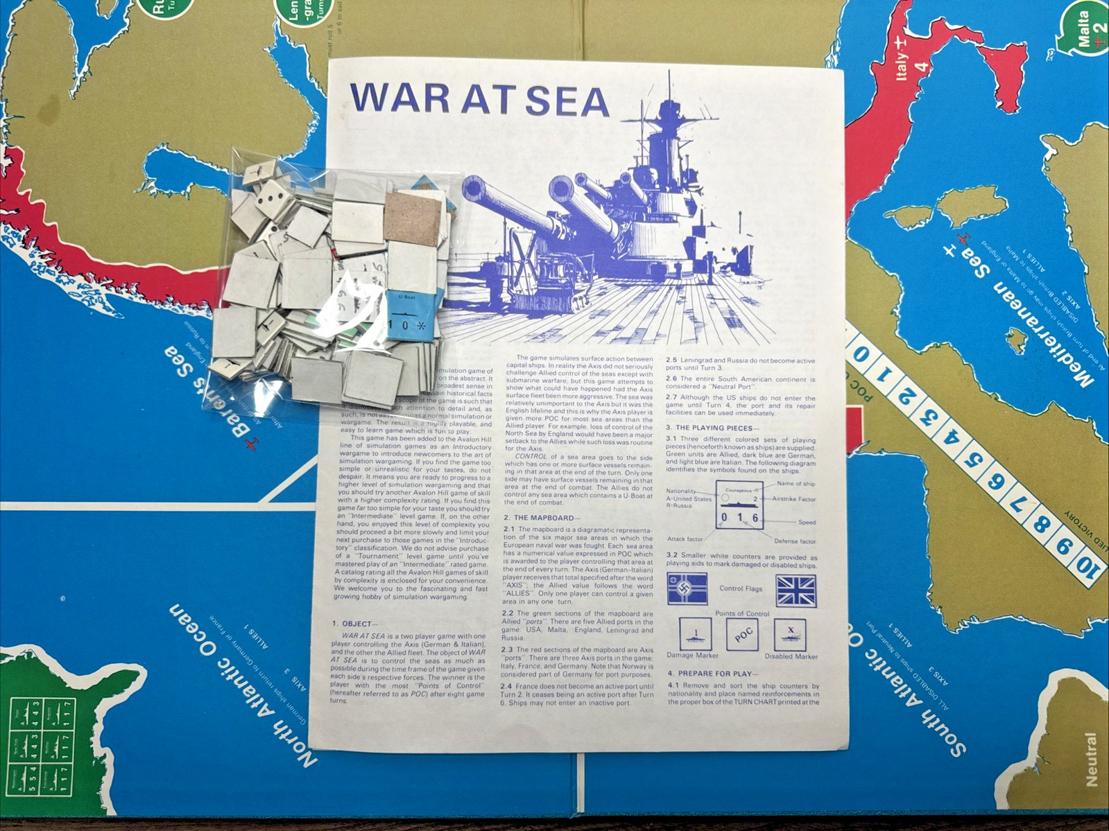 Vintage War at Sea Board Game – Avalon Hill (1976) – with Map, Counters