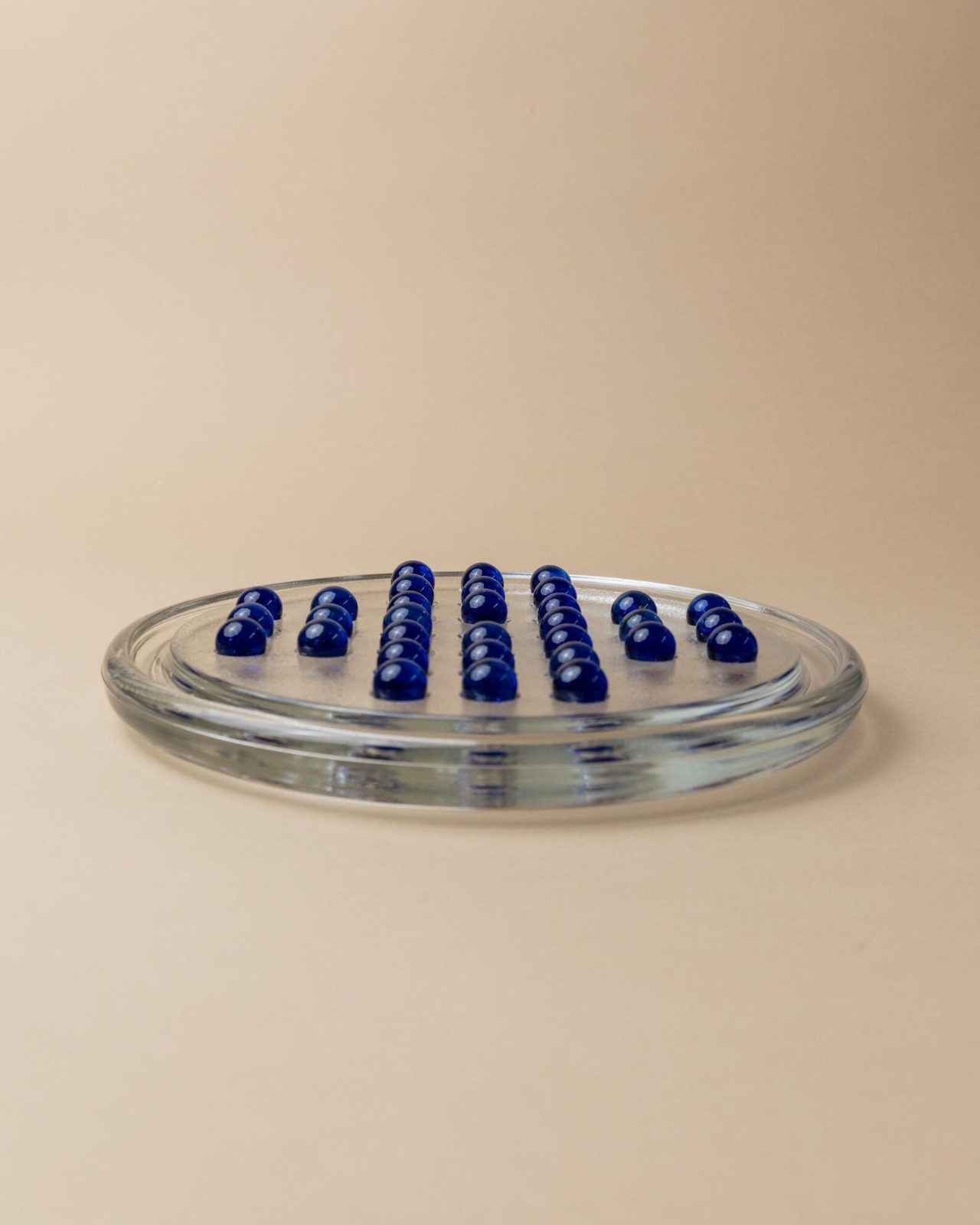 Vtg Glass Solitaire Game – Textured Clear Glass Board with Blue Glass Marbles