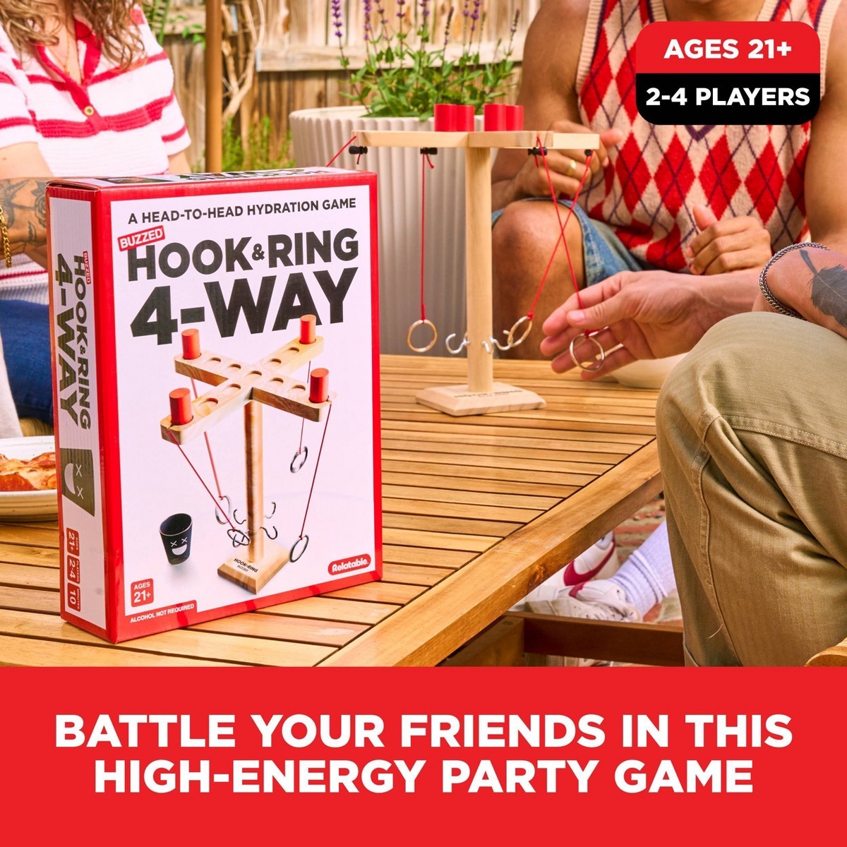 What Do You Meme? Buzzed 4-Way Hook & Ring Toss Game – Wooden Party Game