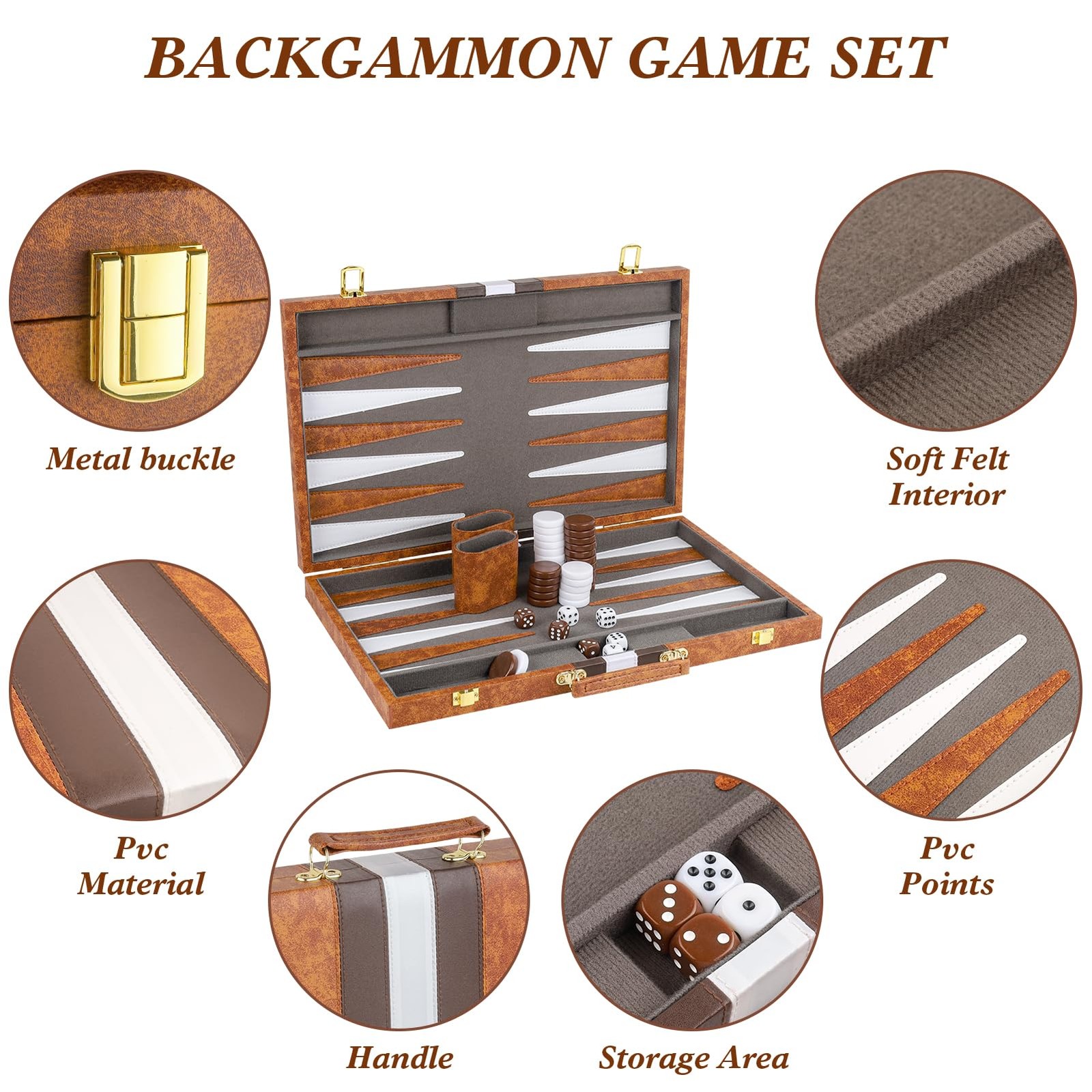 Buweeo Backgammon Set 17 Inch Portable Board Game Pu Leather Case For Adults