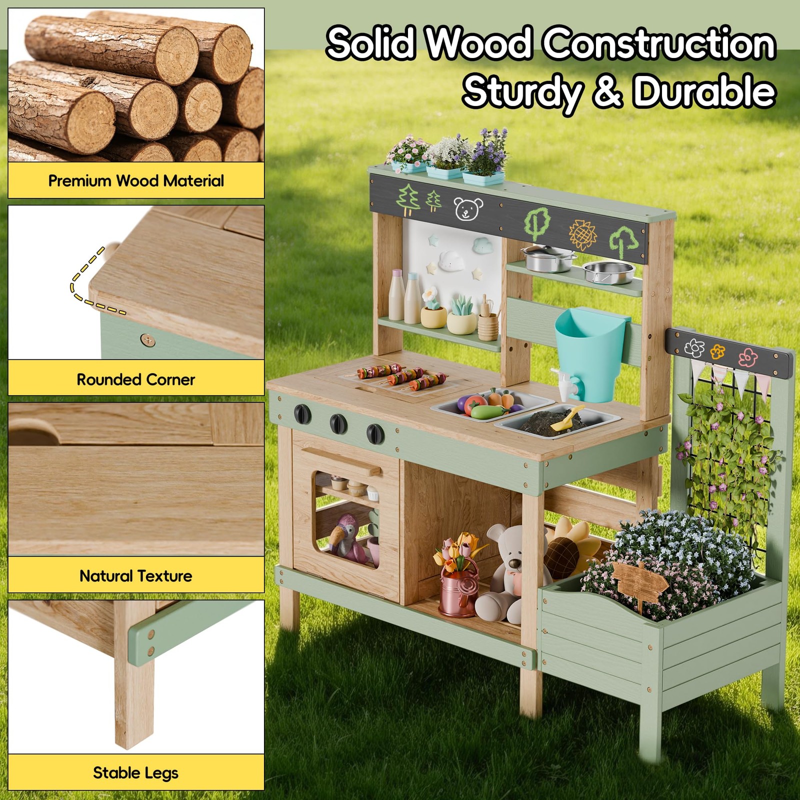Wooden Mud Kitchen for Kids Outdoor Pretend Play Plant Growing Box Removable