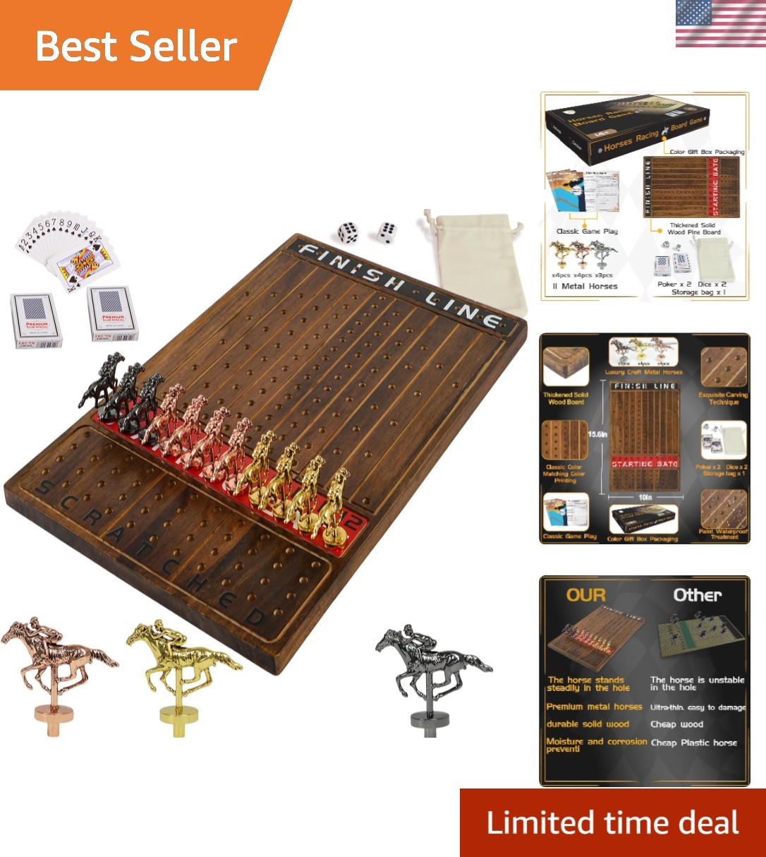 Horse Race Board Game Racing Game Thickened Solid Wood with 11 Luxurious Dura…