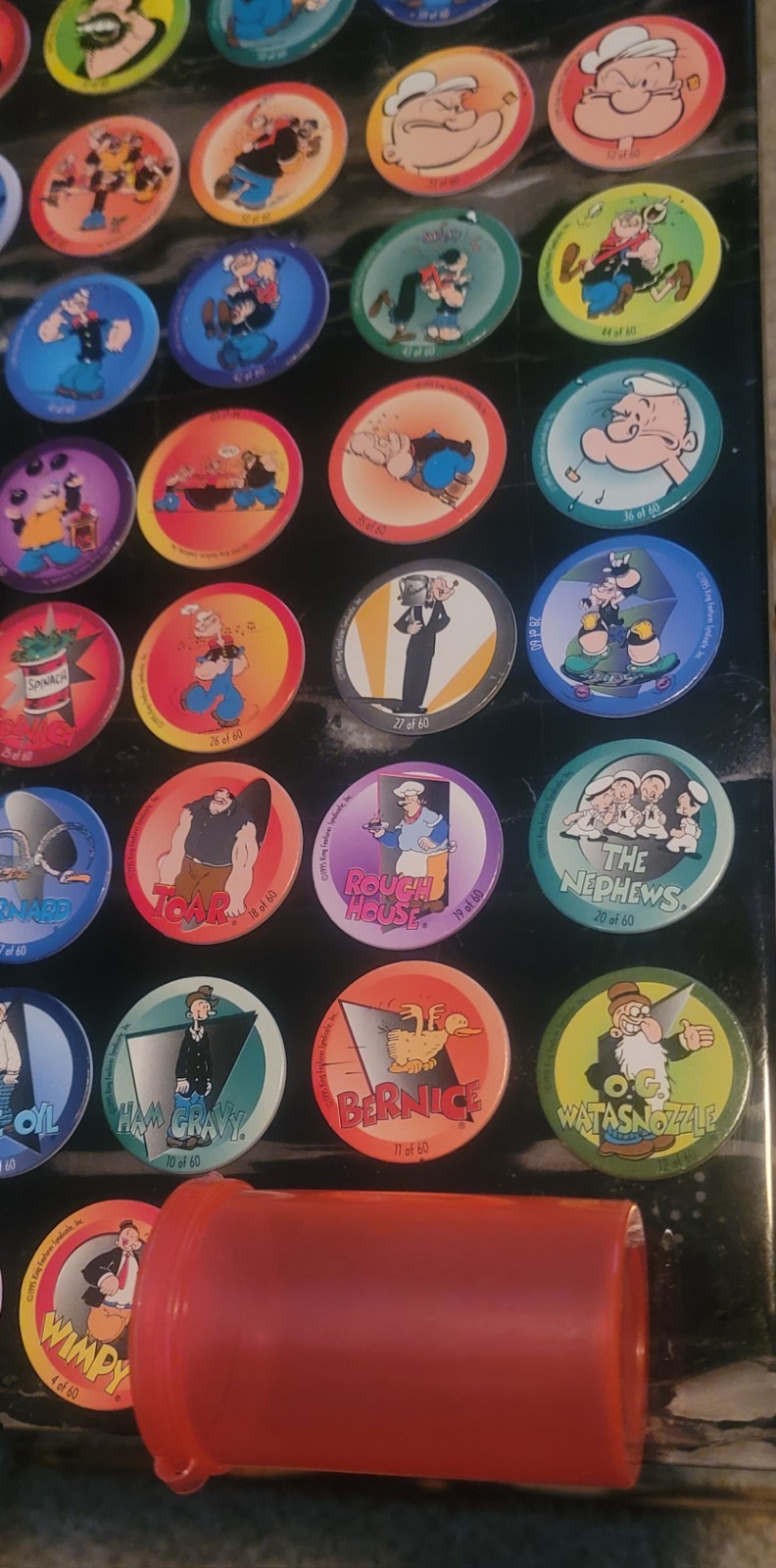 1995 Popeye POGs Complete Set (1–60) + Hot Pink Tube Vintage 90s Milk Cap Game