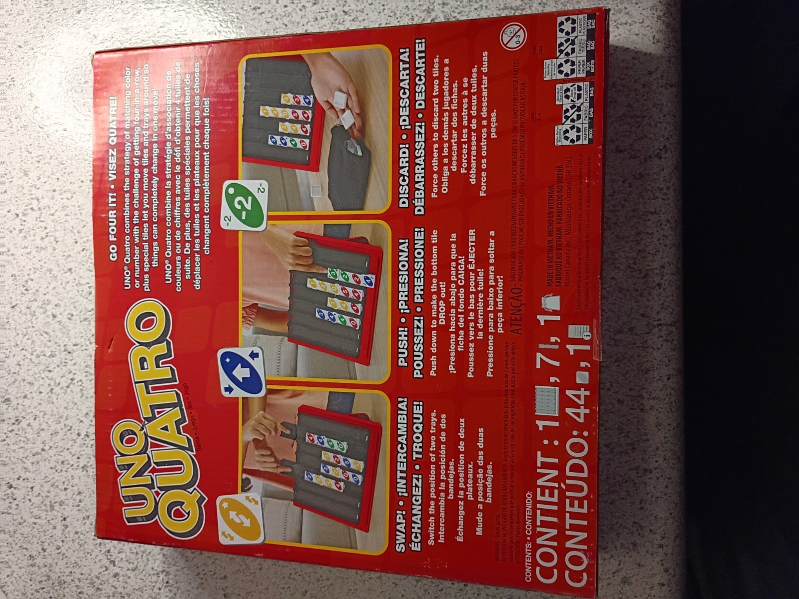 UNO Quatro Game with Colored Tiles & Plastic Game Grid for Adults/Family