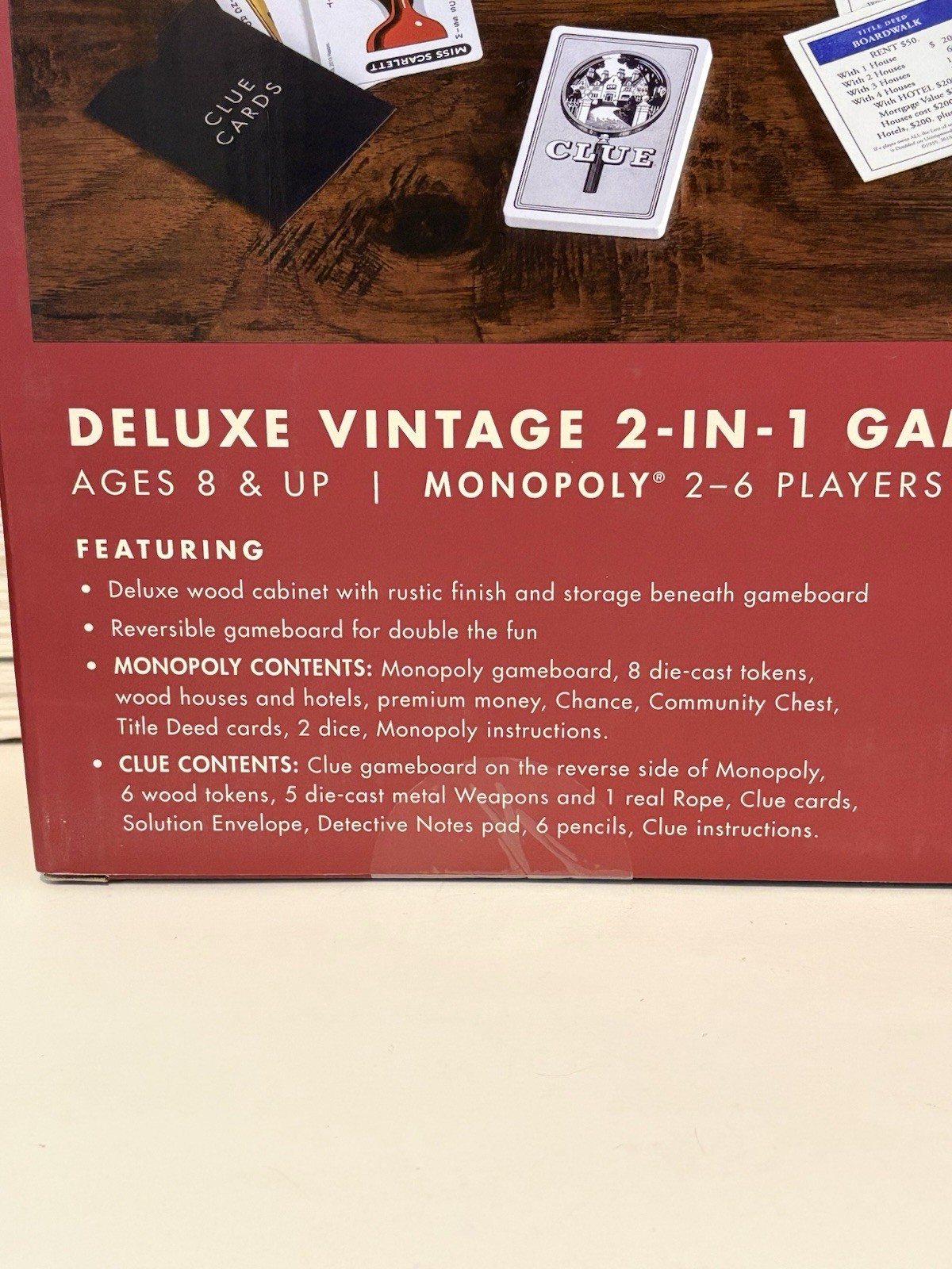 Monopoly & Clue Deluxe Vintage 2-in-1 Game Collection Wood Reversible Board New