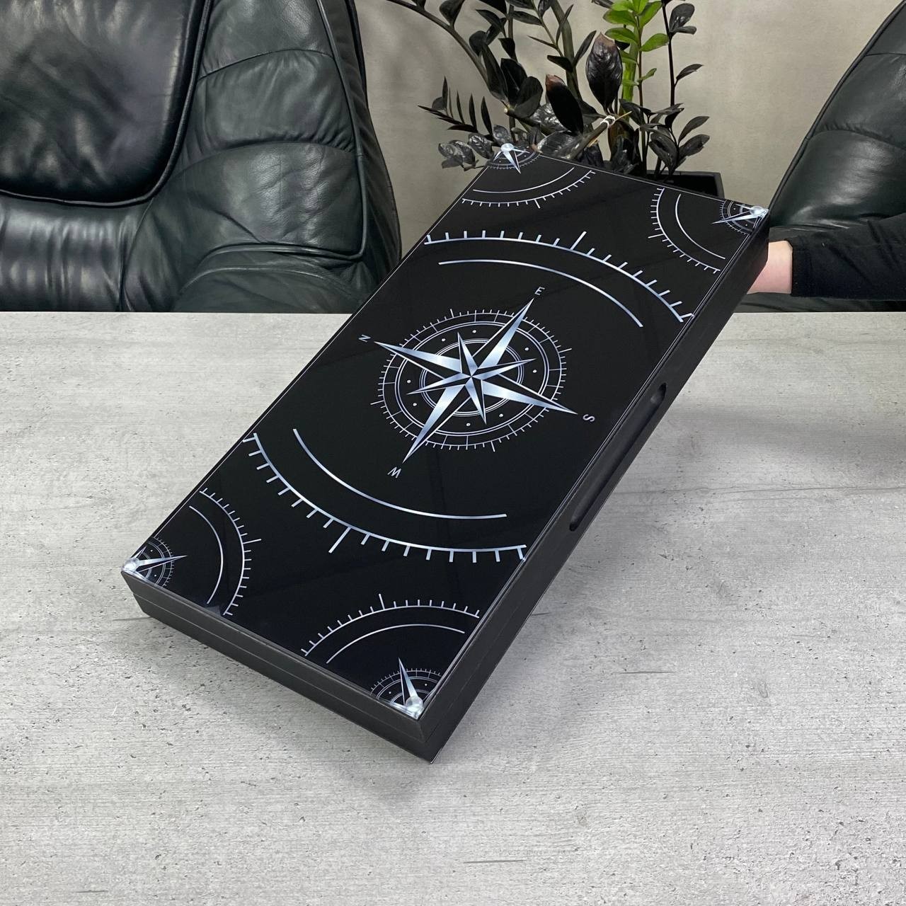 Glass & Wood Backgammon Set with Compass Design, Custom Board Game, 20×10 in