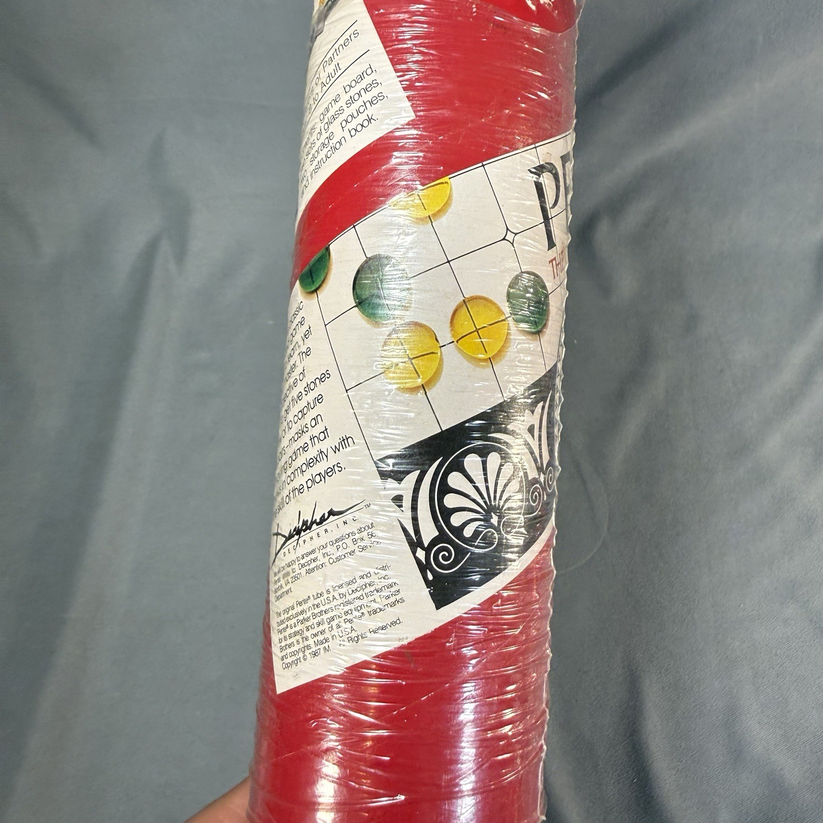 1987 Vintage Red Tube PENTE Game Yellow Green Purple Red Cobalt Blue Clear Stone