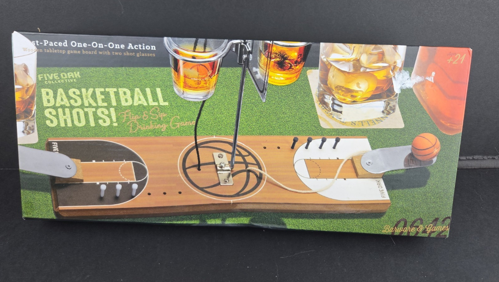 Five Oak Collective Basketball Shots Wooden Game Board With Two Shot Glasses-NIB