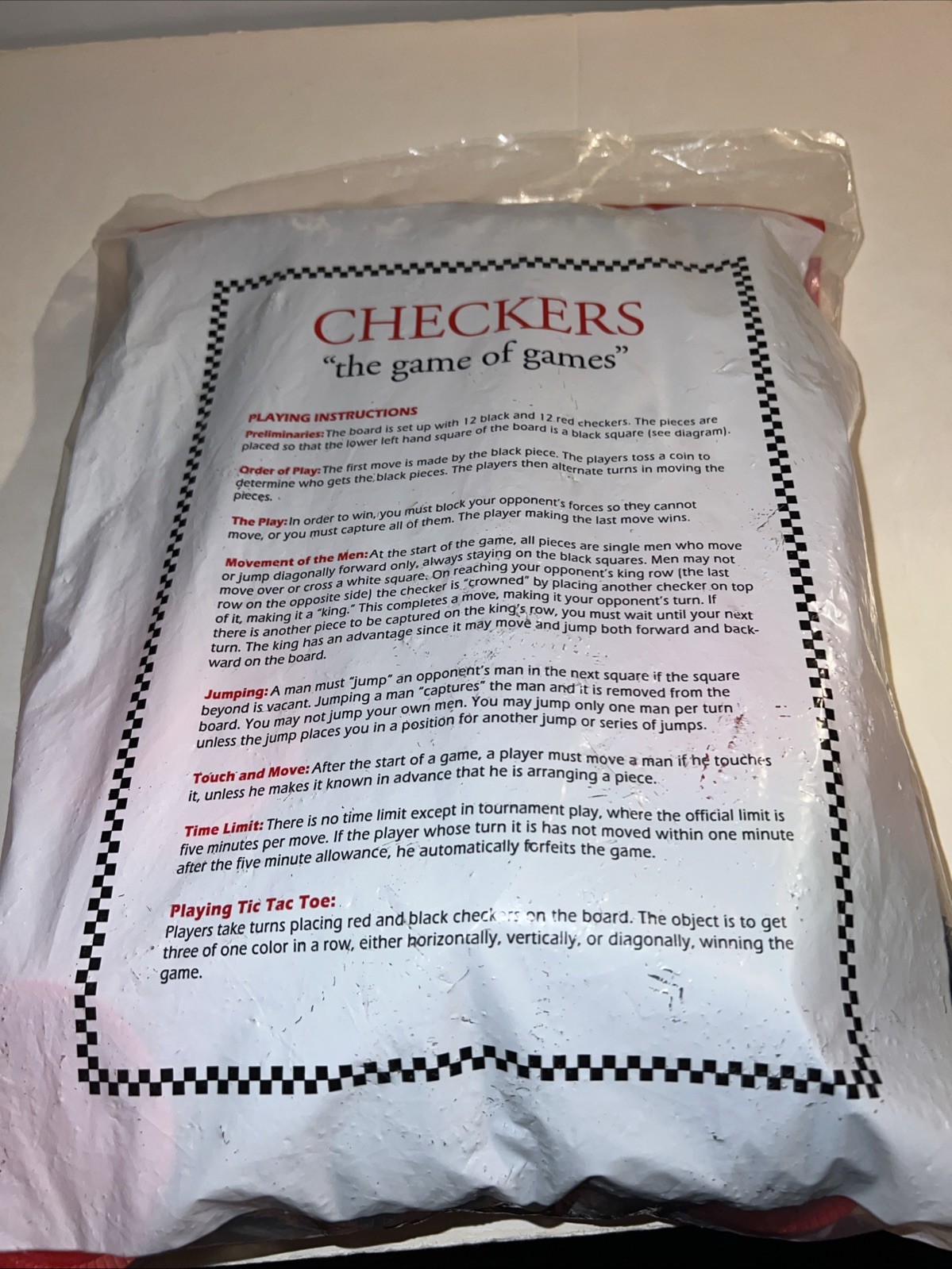 Jumbo Floor Checkers Game Complete 12 Red & 12 Black Checkers & Rug Tic Tac Toe