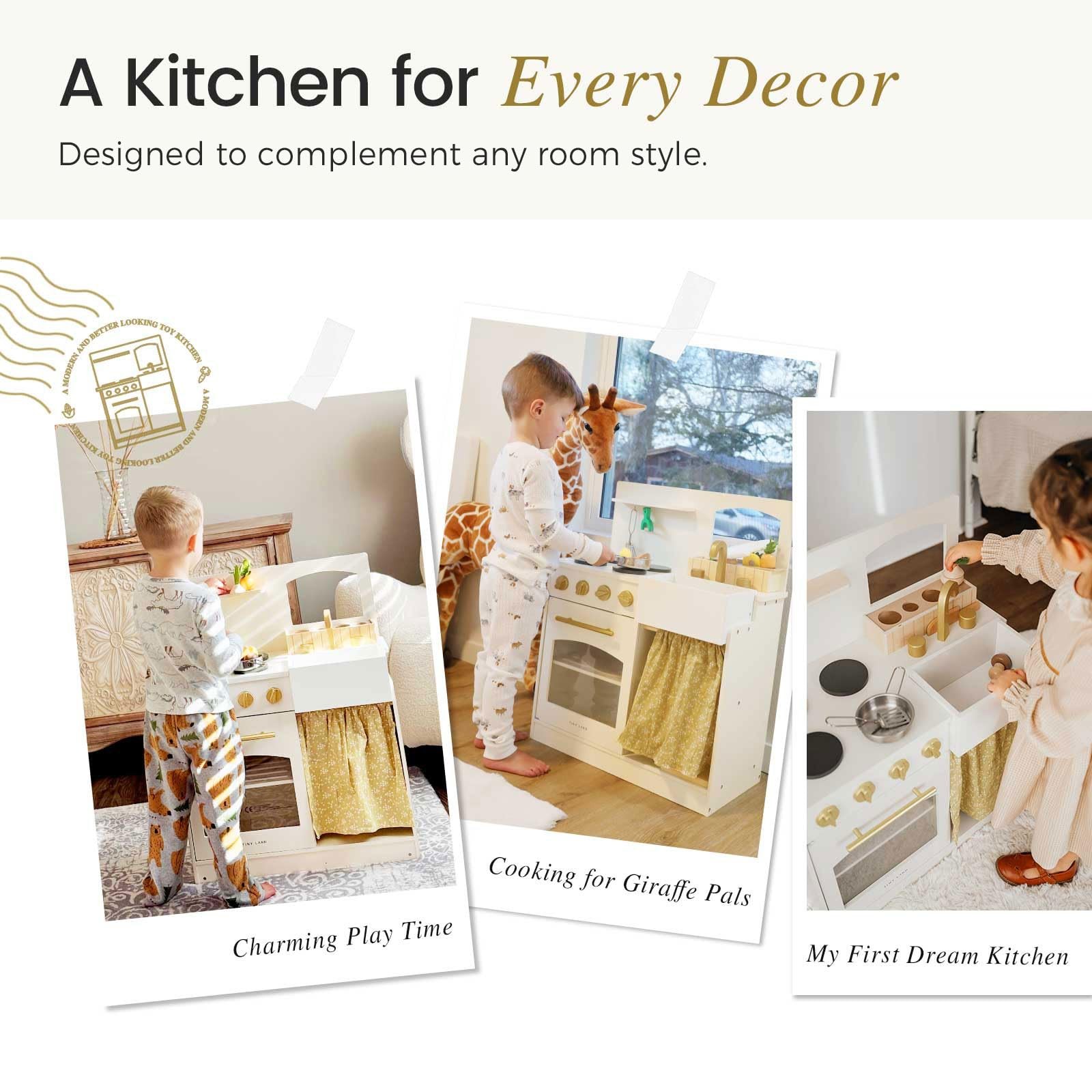 Wooden Play Kitchen Toddlers Compact Cream Pretend Set TLTGPK003WT Tiny Land