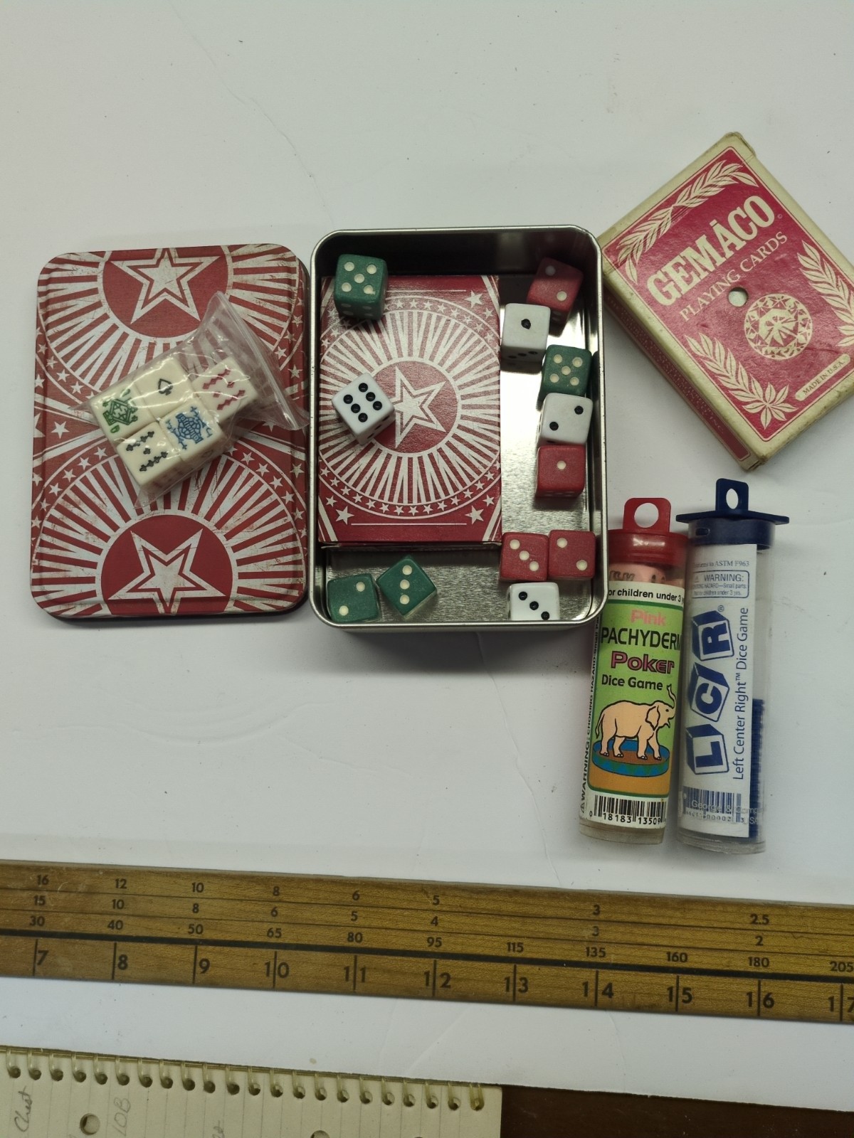 Vintage PhilipMorris Poker Tin w/ Cards, Poker Dice + Pachyderm Poker& LCR Game