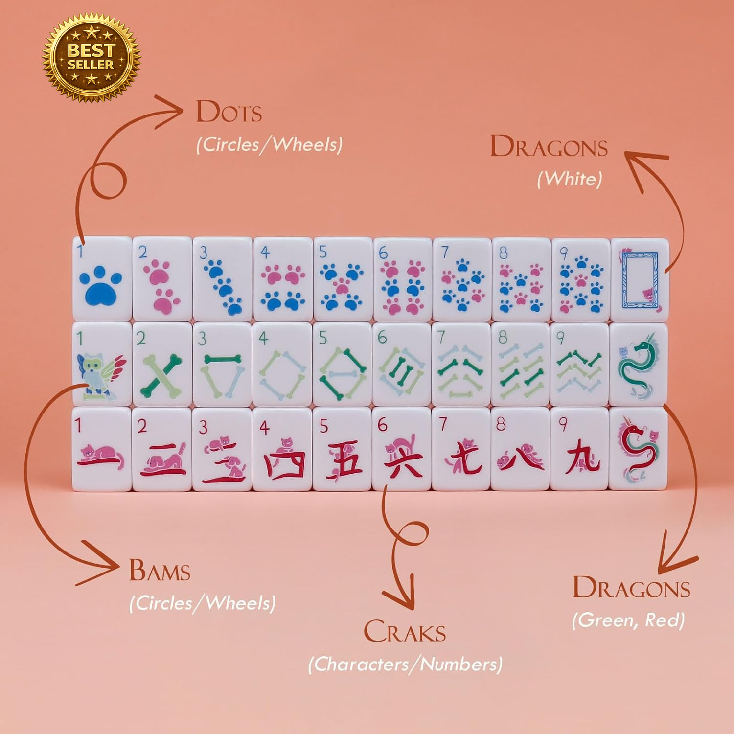 Dogs and Cats Themed Mahjong Tile Set – 160 Acrylic Engraved Tiles & American Ma