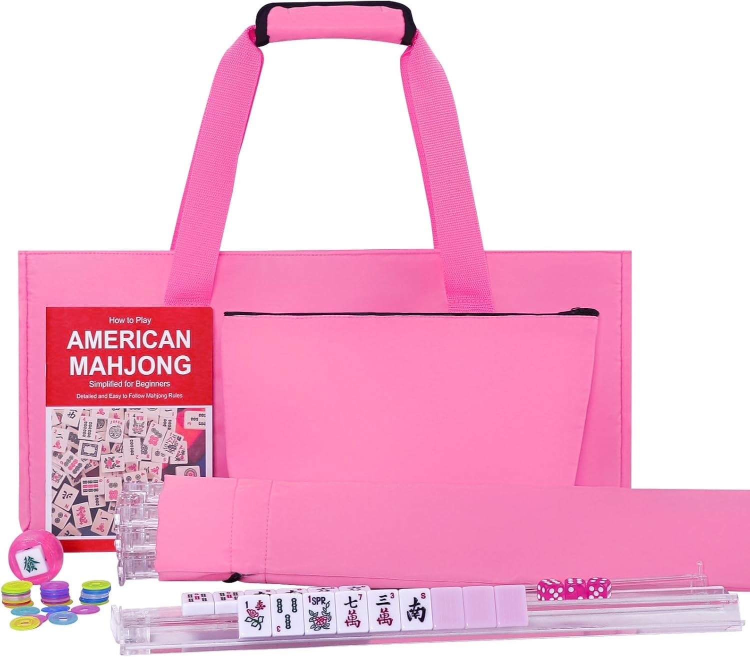 Complete American Mahjong Set with 166 Pink Tiles and Stylish Carrying Bag