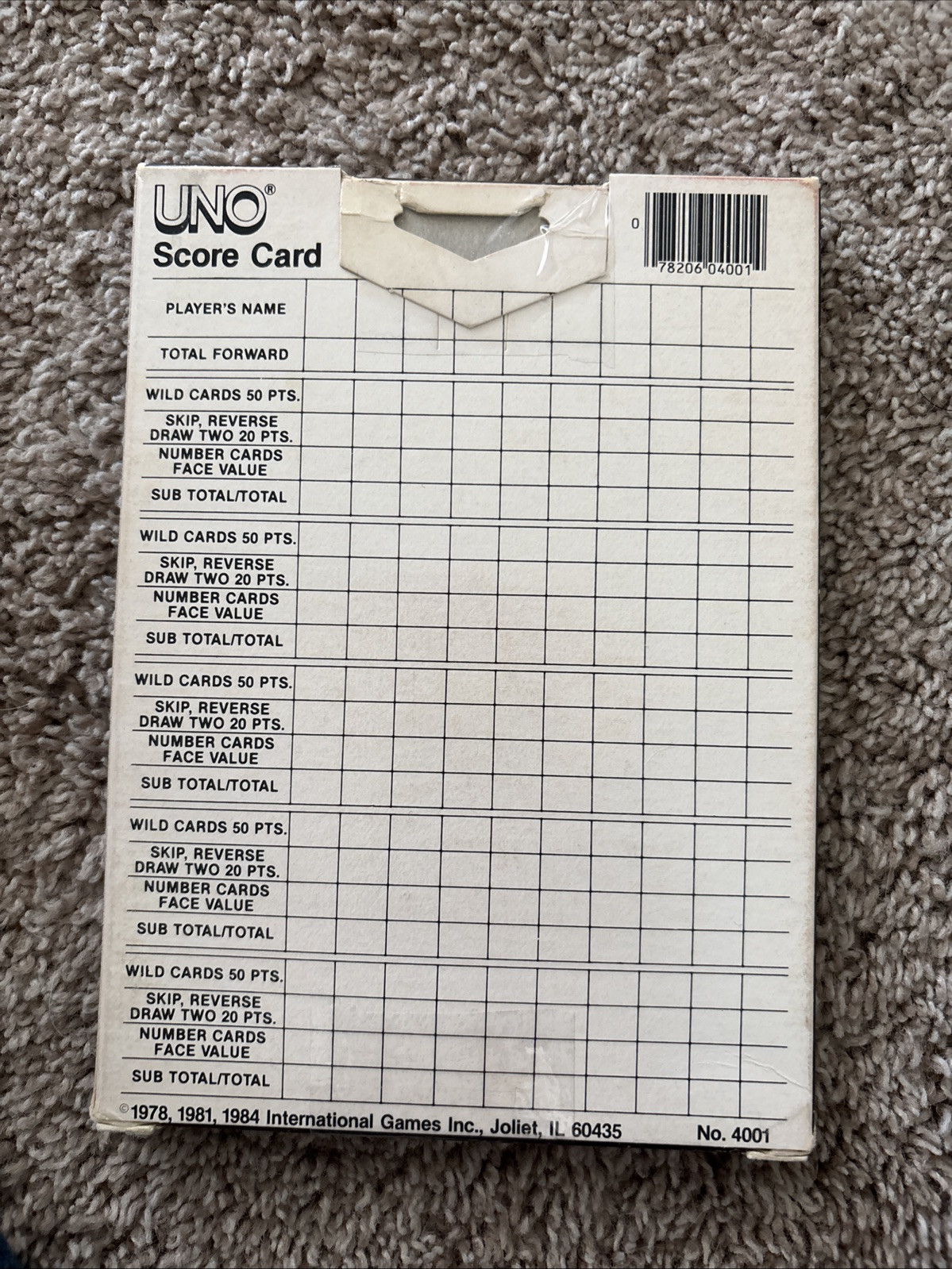 Vintage UNO Score Pad Replacement Part #4001 1978-1981 International Games