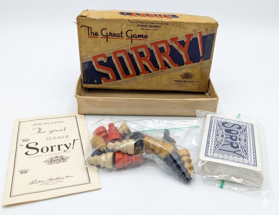 VTG 1950 Parker Brothers Sorry! Game With Box Cards Rules Wooden Pawns NO Board