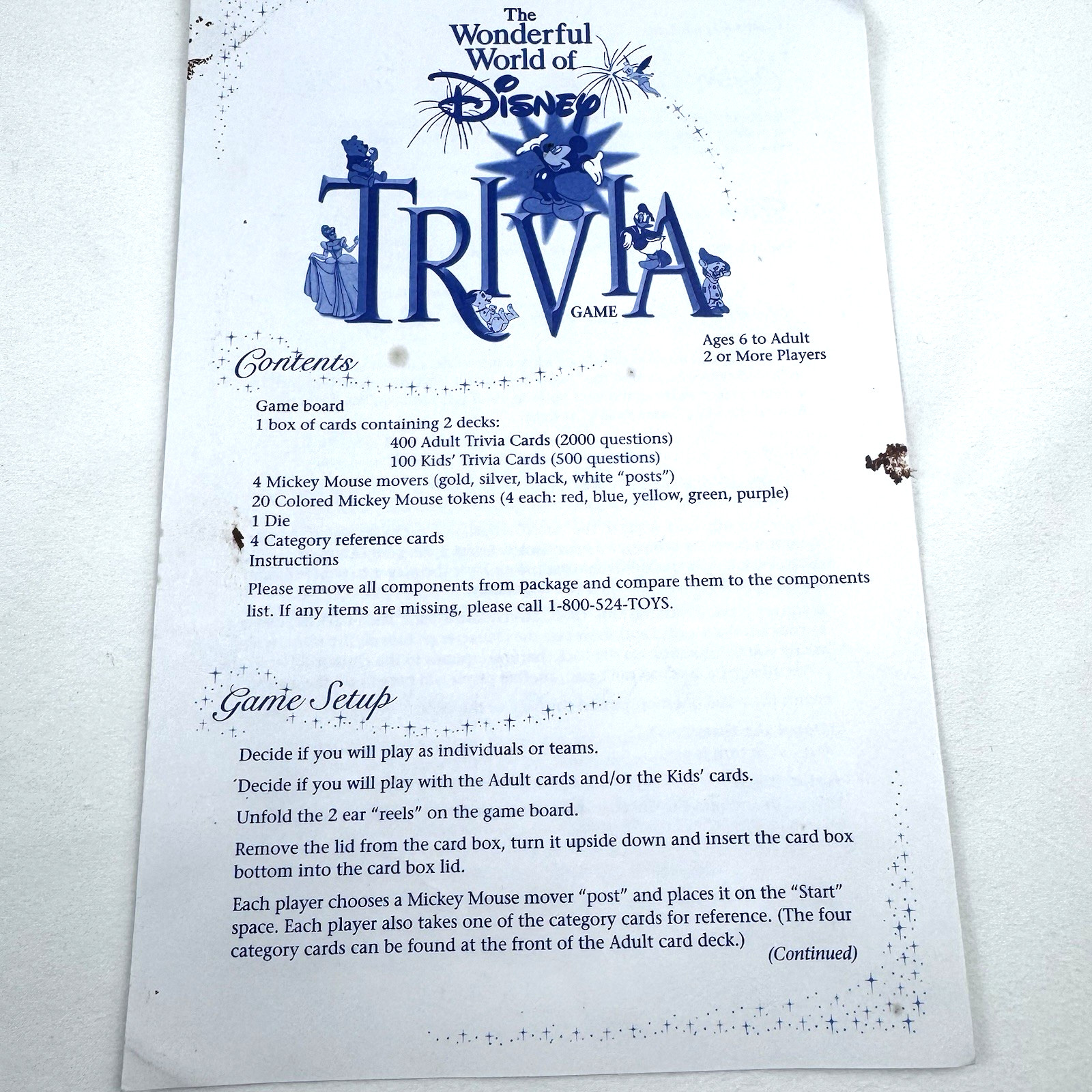 The Wonderful World Of Disney Trivia Trivial Pursuit Board Game 1997 Missing Die