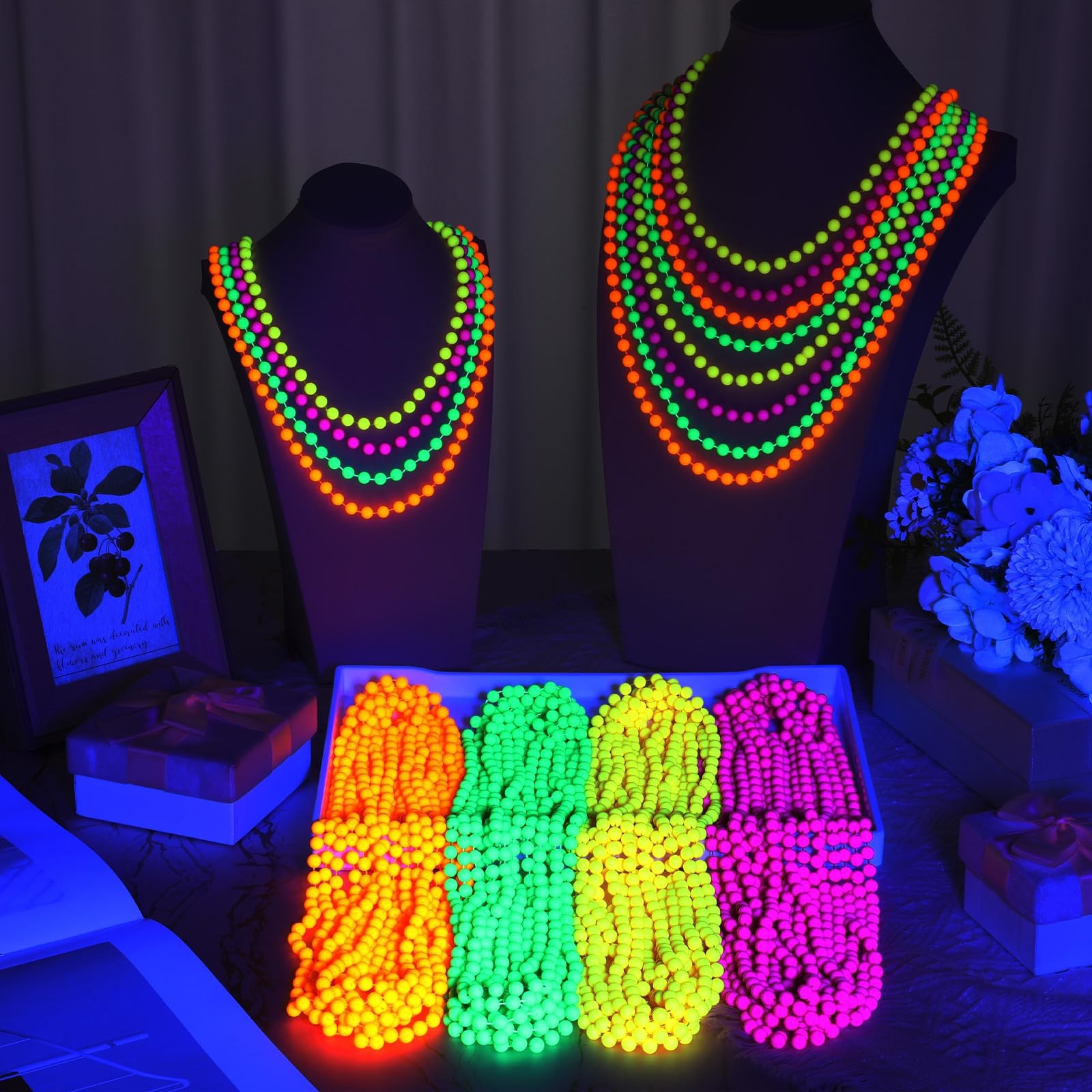 Neon Beads Necklaces 48 Pieces 33 Glow Dark UV Party Supplies Ecally Black Light