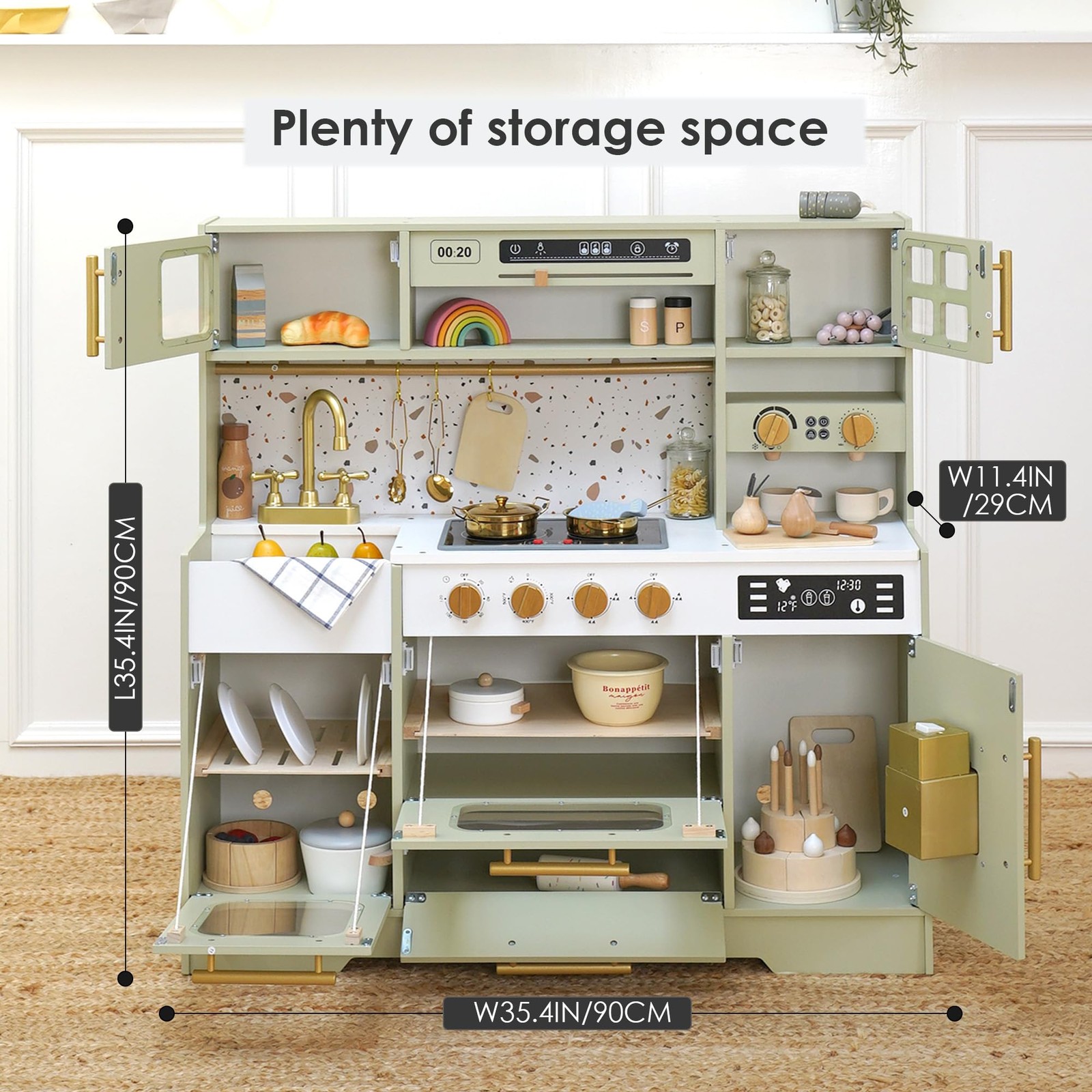 Kids Wooden Play Kitchen Set Stove Sink Coffee Maker 15 Accessories Realistic