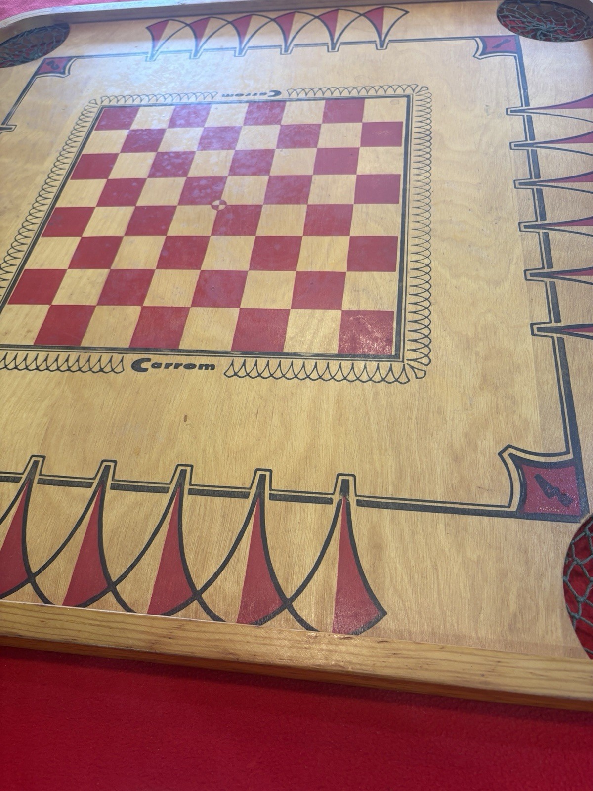 Vintage Carrom Game Board Model 106 Wood Two-Sided 28″ x 28″ w/ Corner Nets.