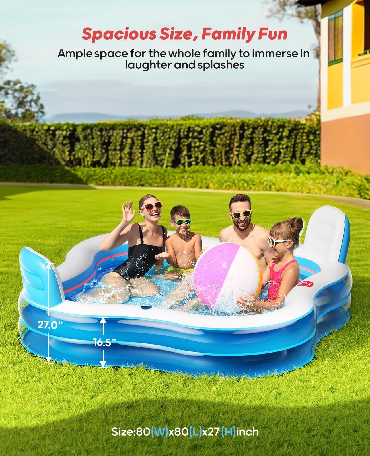 Inflatable Swimming Pool 80 x80 x16.5 2 Seats Backrests Clear Blue QPAU Large